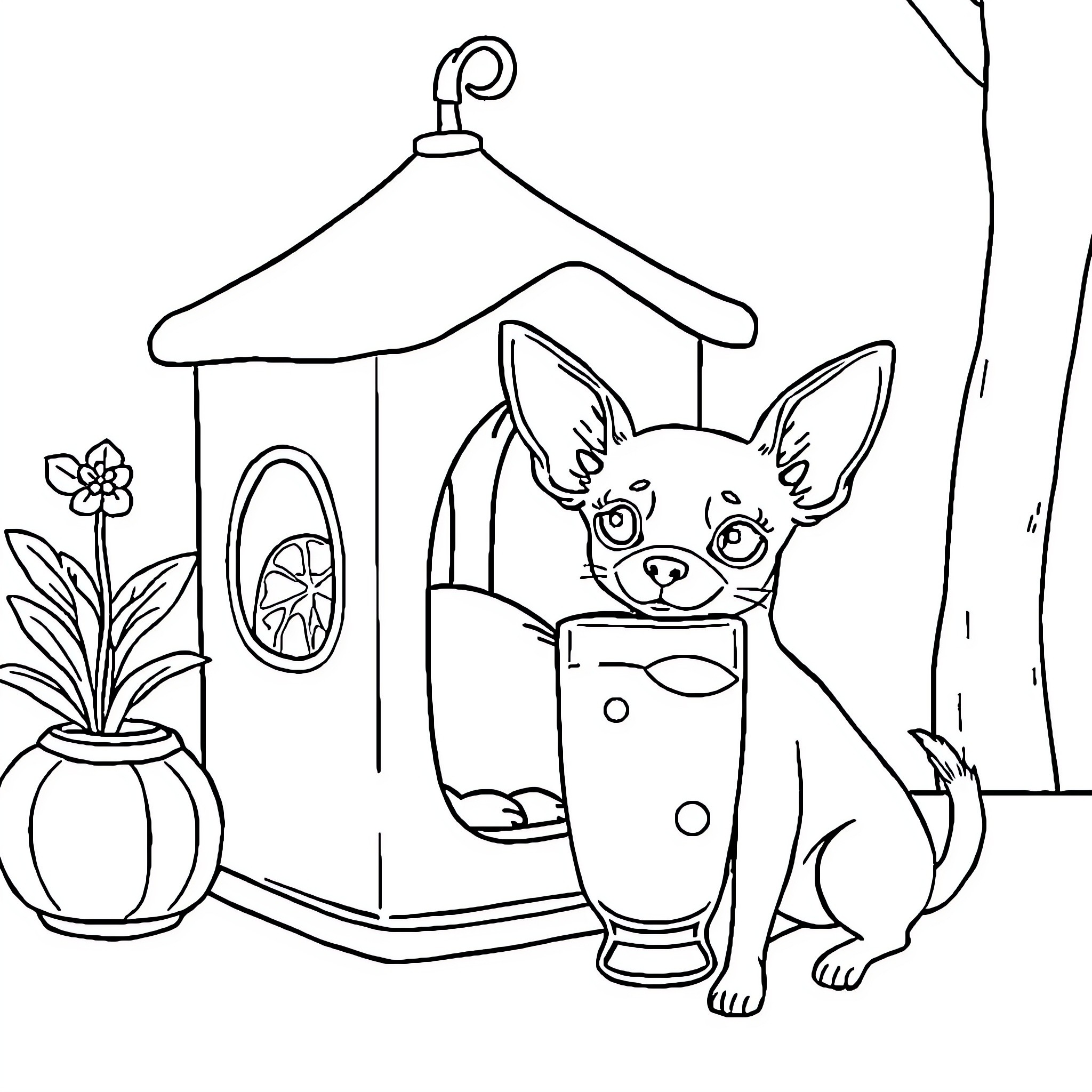 Chat with a Chihuahua near a Cozy Cottage Coloring Page (free black-and-white line drawing printable PDF for all, from beginners to advanced learners, including children, teens, adults, and seniors)