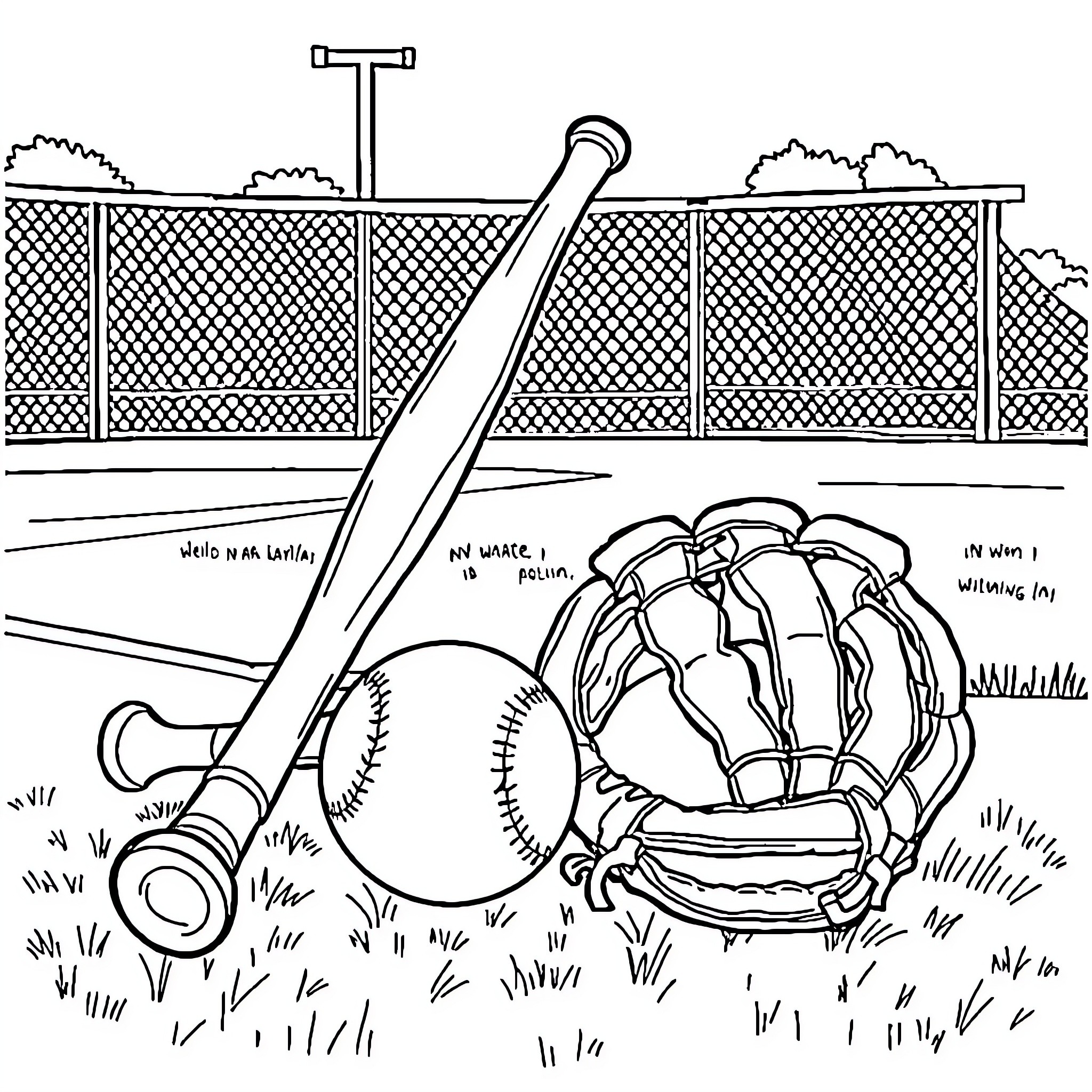 Softball equipment on the field Coloring Page (free black-and-white line drawing printable PDF for all, from beginners to advanced learners, including children, teens, adults, and seniors)