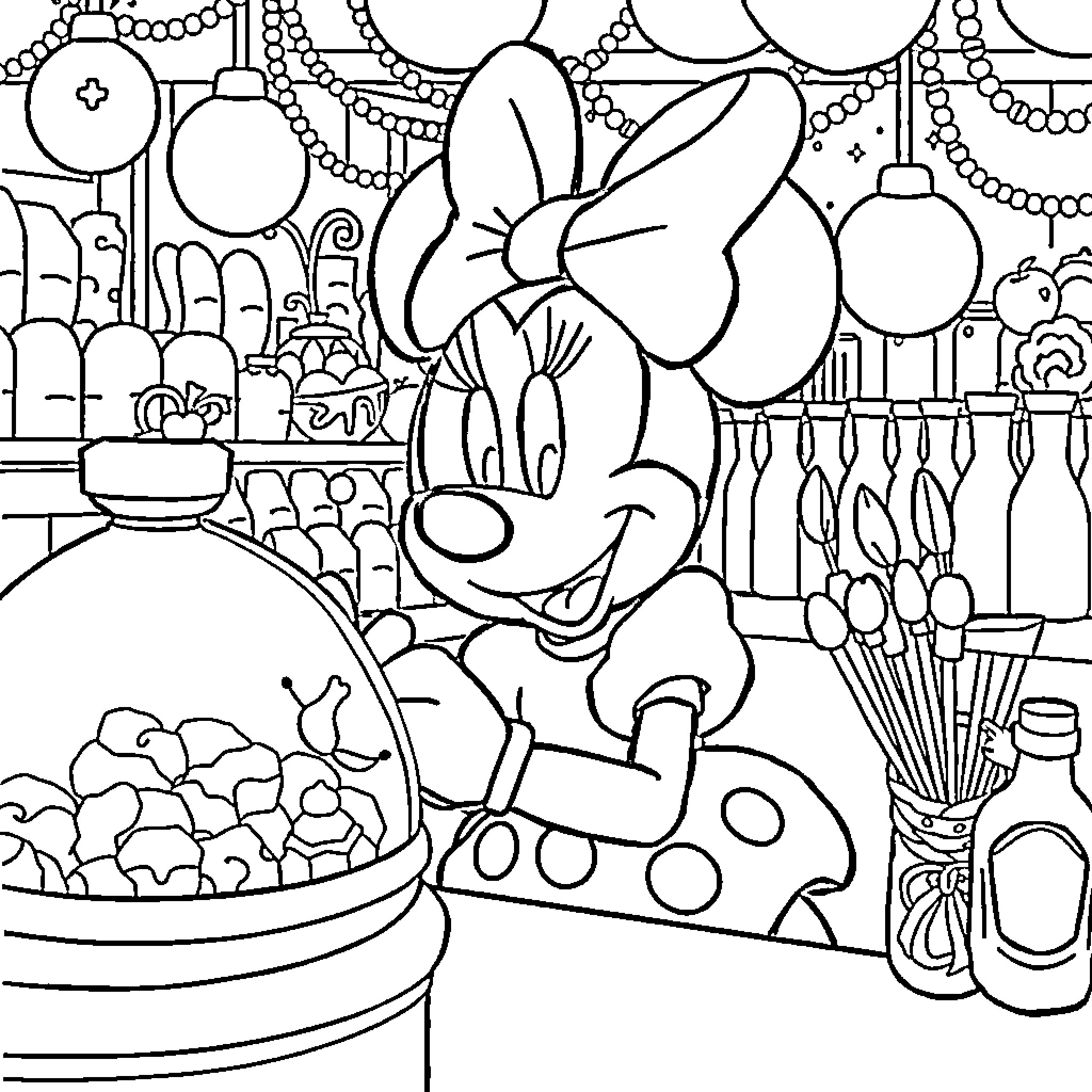 Minnie's Cozy Christmas Celebration Coloring Page (free black-and-white line drawing printable PDF for all, from beginners to advanced learners, including children, teens, adults, and seniors)