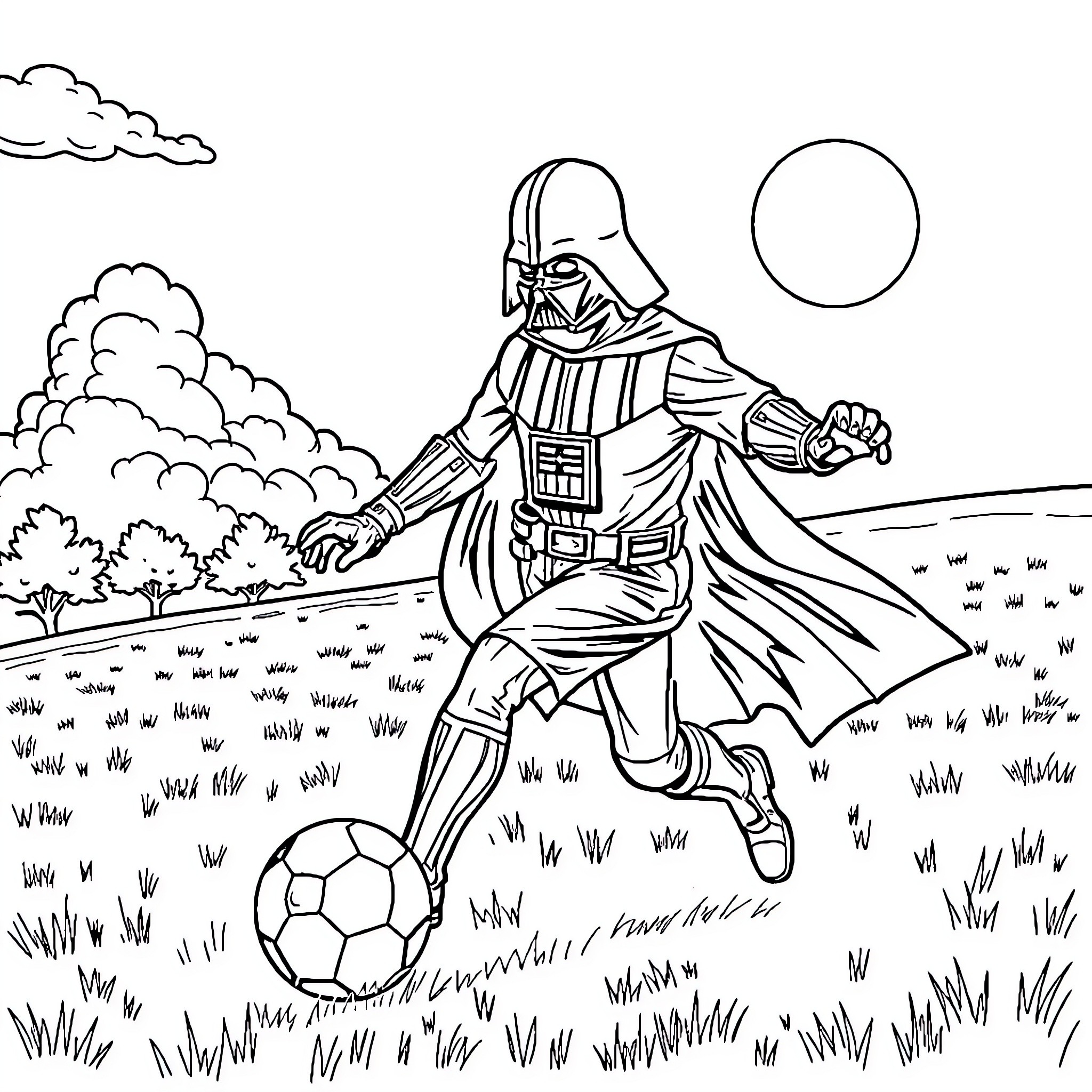 Darth Vader playing with a soccer ball in the meadow Coloring Page (free black-and-white line drawing printable PDF for all, from beginners to advanced learners, including children, teens, adults, and seniors)