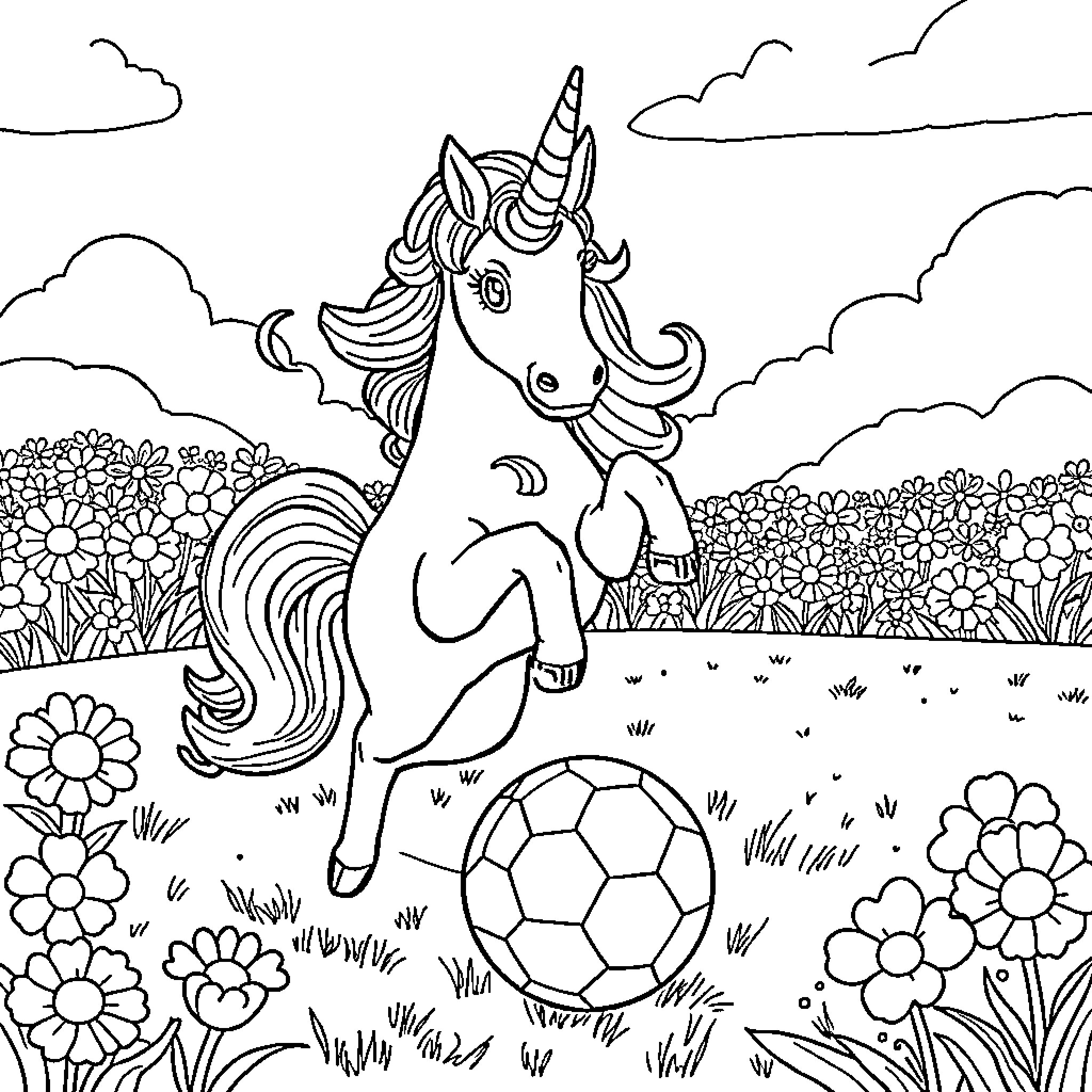 Unicorn playing with a soccer ball in a floral meadow Coloring Page (free black-and-white line drawing printable PDF for all, from beginners to advanced learners, including children, teens, adults, and seniors)