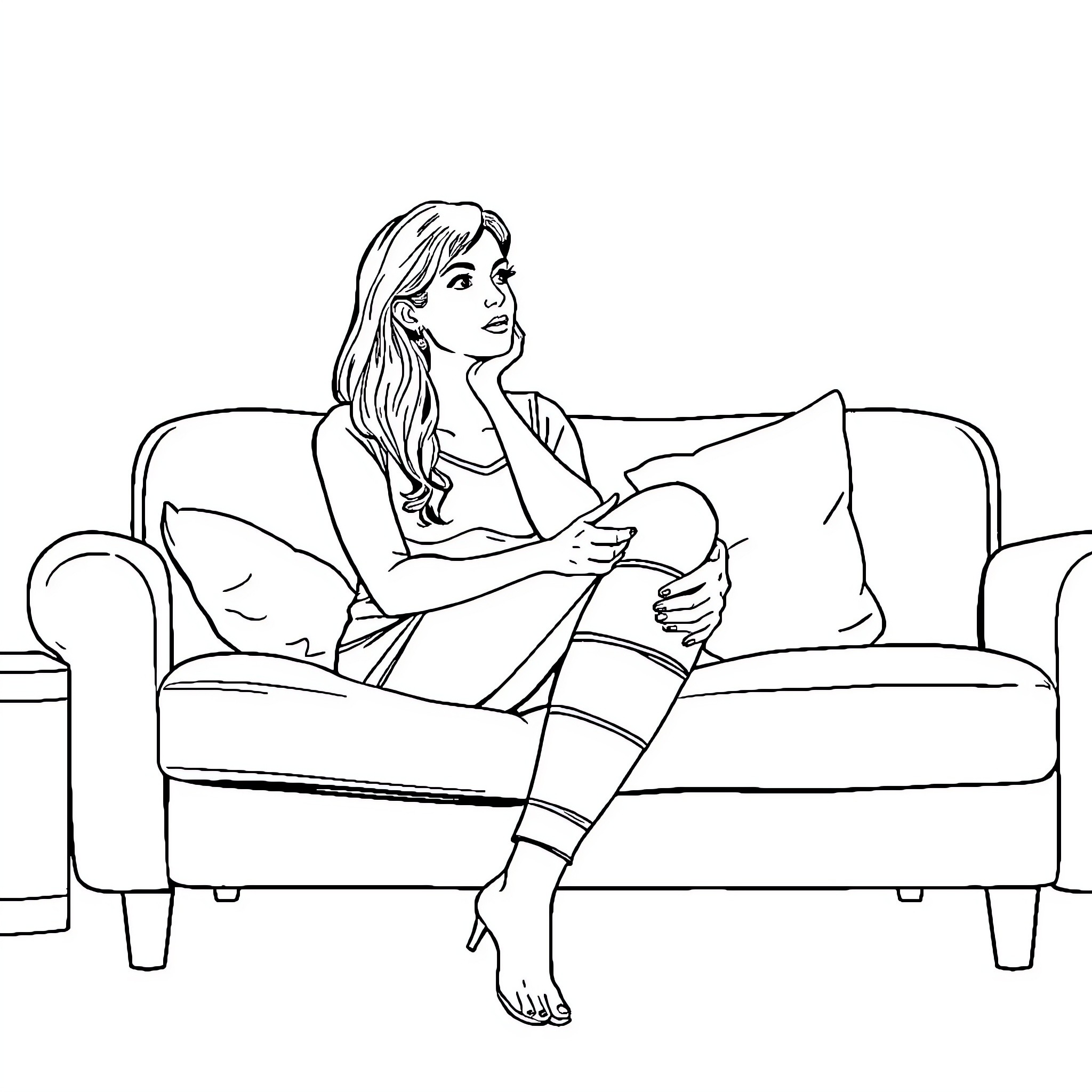 Woman relaxing comfortably on sofa Coloring Page (free black-and-white line drawing printable PDF for all, from beginners to advanced learners, including children, teens, adults, and seniors)