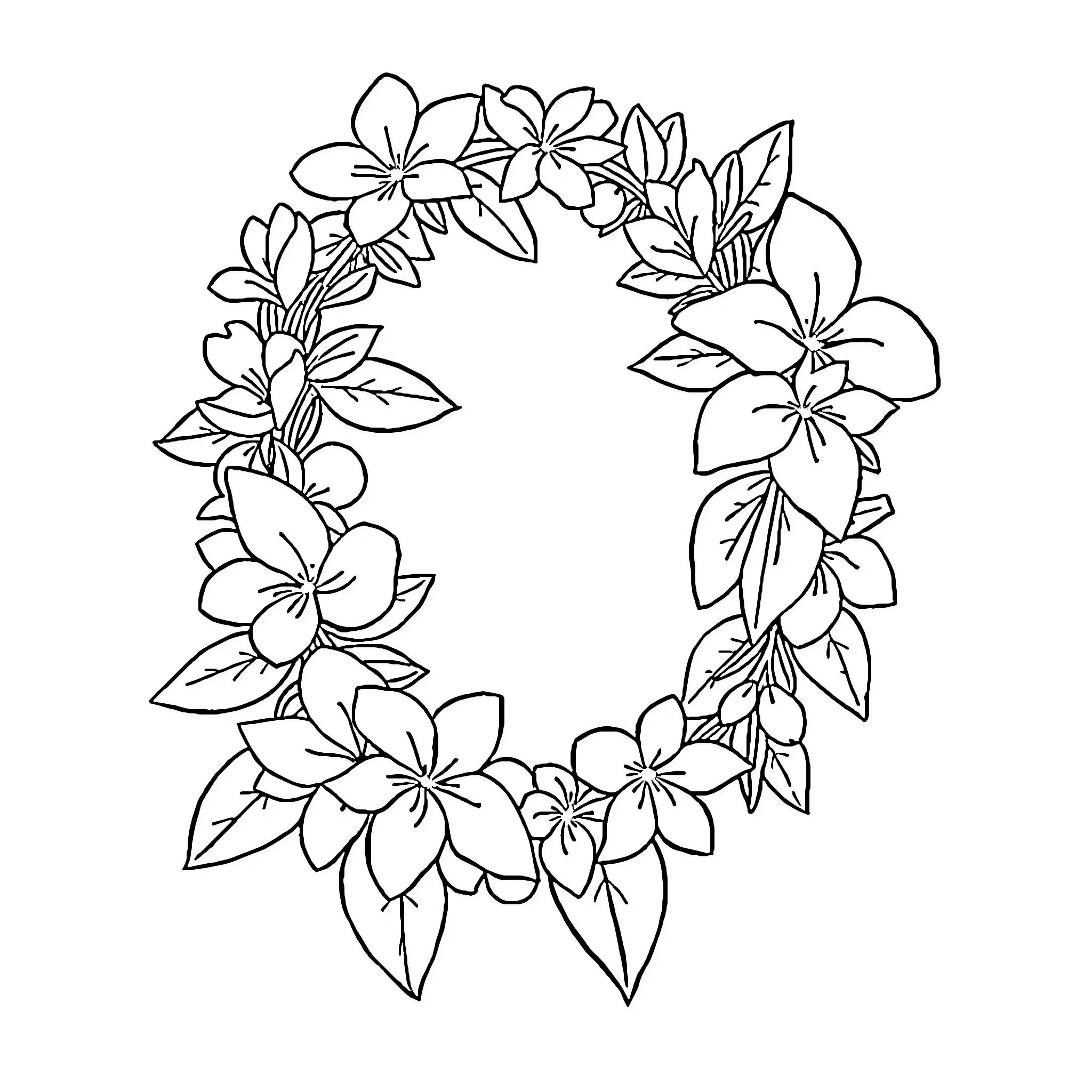 Haku's Floral Wreath Coloring Page (free black-and-white line drawing printable PDF for all, from beginners to advanced learners, including children, teens, adults, and seniors)