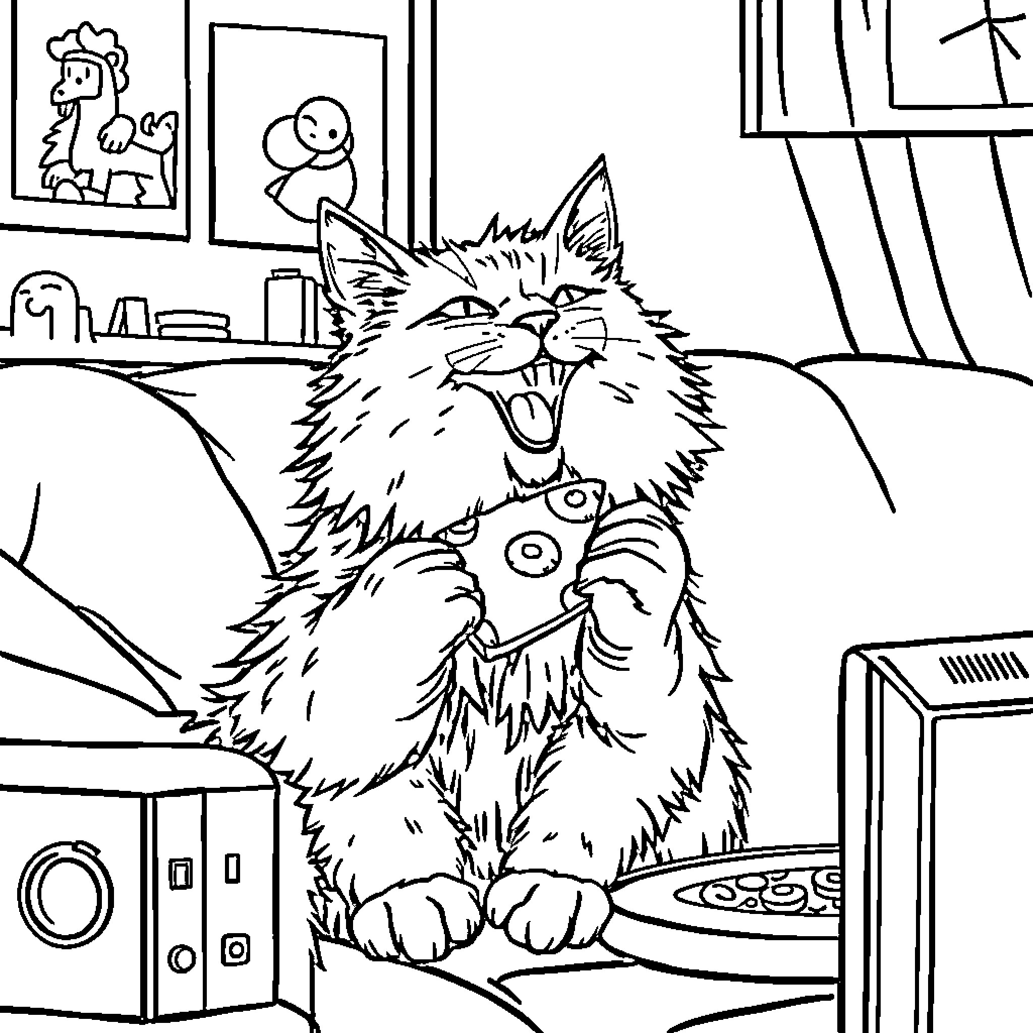 Maine Coon Cat Relaxing in Cozy Home Coloring Page (free black-and-white line drawing printable PDF for all, from beginners to advanced learners, including children, teens, adults, and seniors)