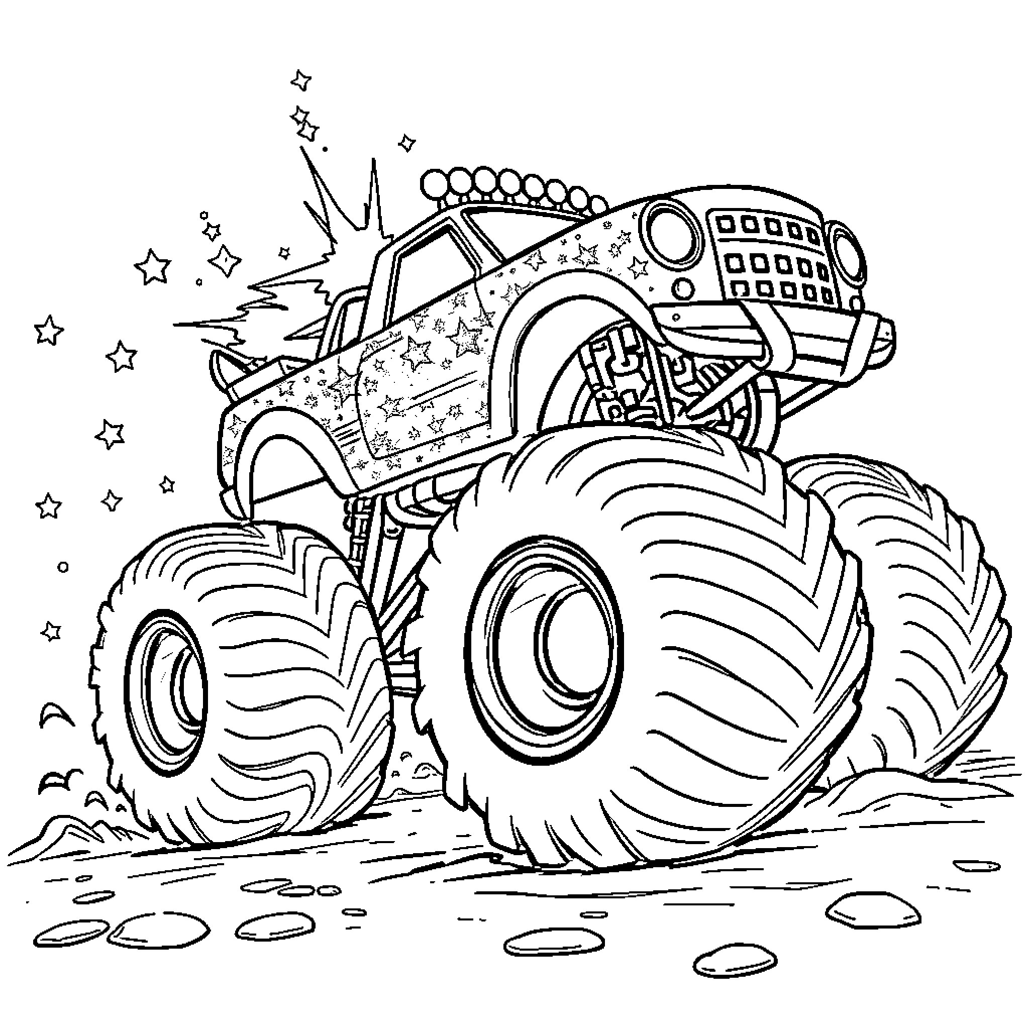 Monster Truck Crushing Terrain with Exaggerated Features Coloring Page (free black-and-white line drawing printable PDF for all, from beginners to advanced learners, including children, teens, adults, and seniors)