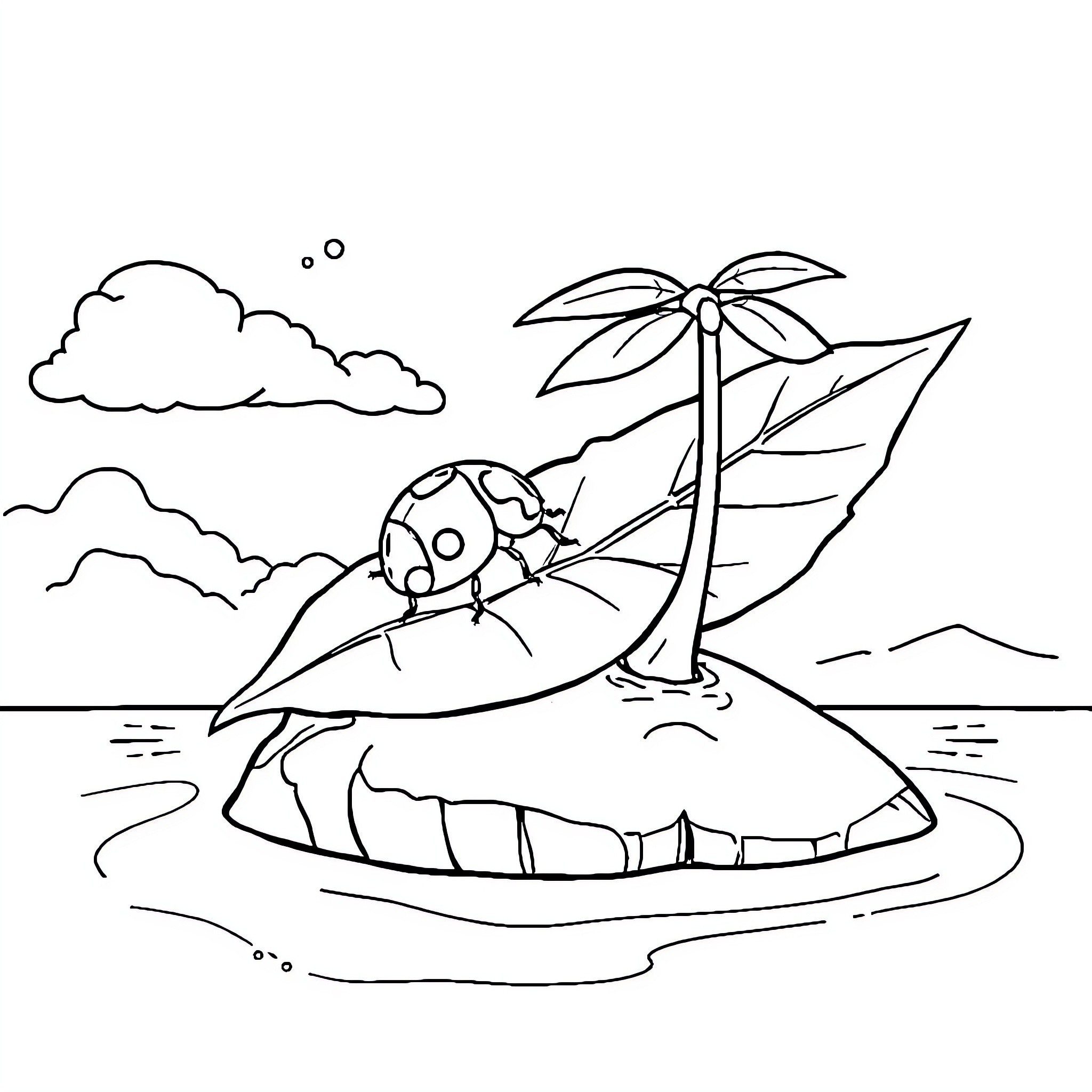 Ladybug relaxing on a tropical island Coloring Page (free black-and-white line drawing printable PDF for all, from beginners to advanced learners, including children, teens, adults, and seniors)