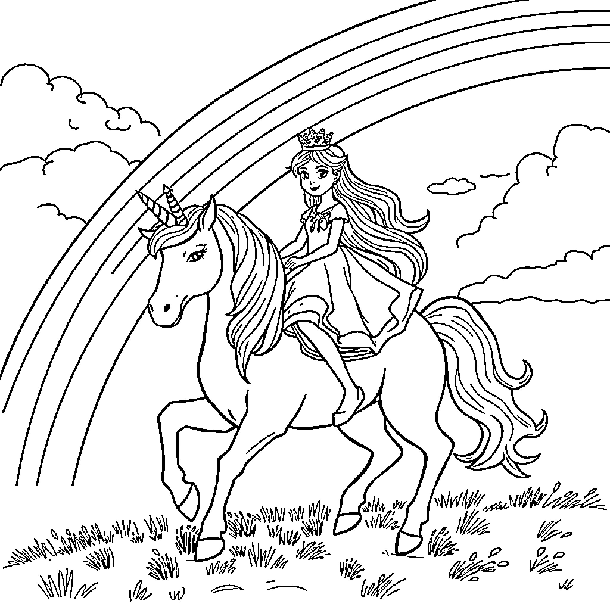 Princess riding a unicorn under a rainbow Coloring Page (free black-and-white line drawing printable PDF for all, from beginners to advanced learners, including children, teens, adults, and seniors)