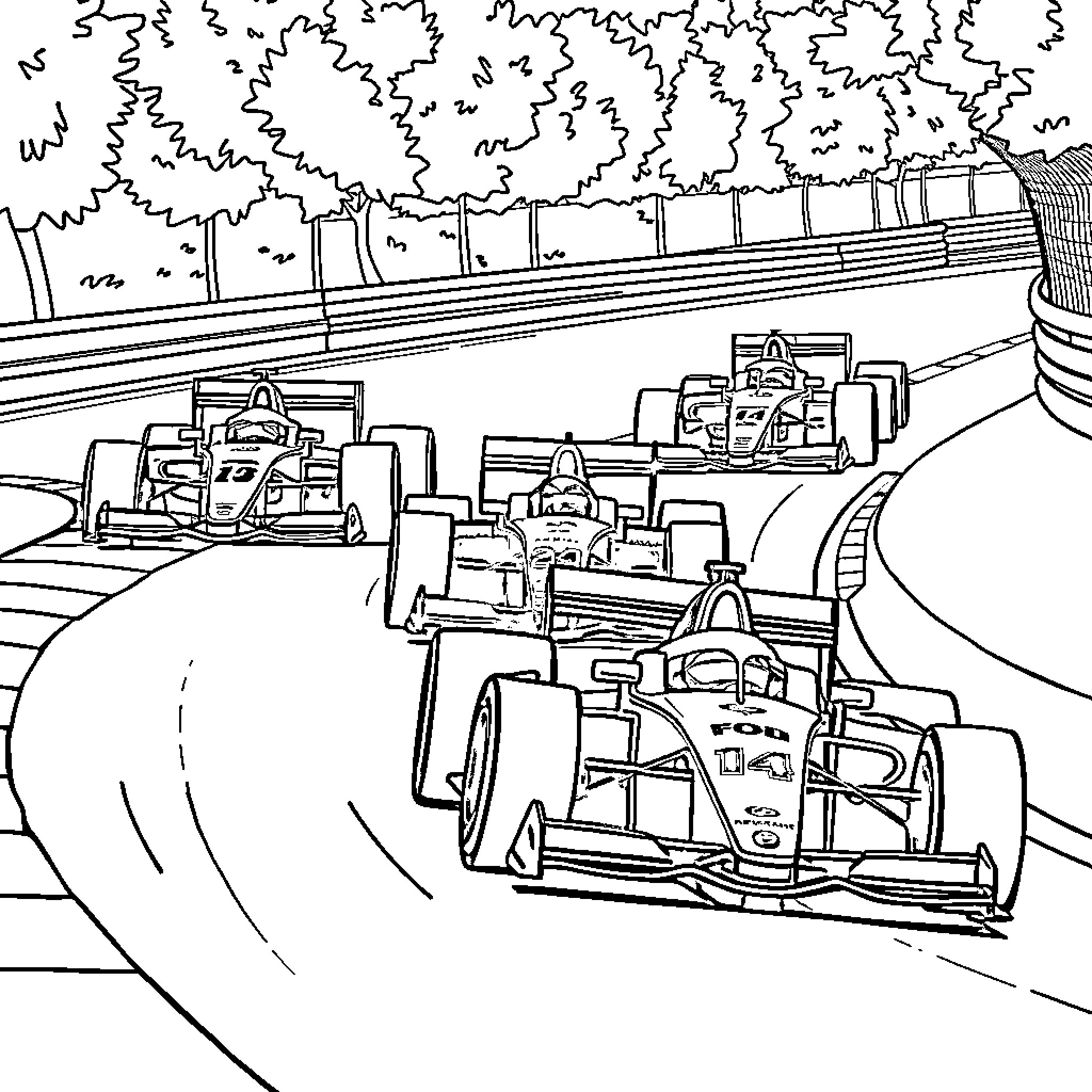 F1 Cars Racing on Circuit Coloring Page (free black-and-white line drawing printable PDF for all, from beginners to advanced learners, including children, teens, adults, and seniors)