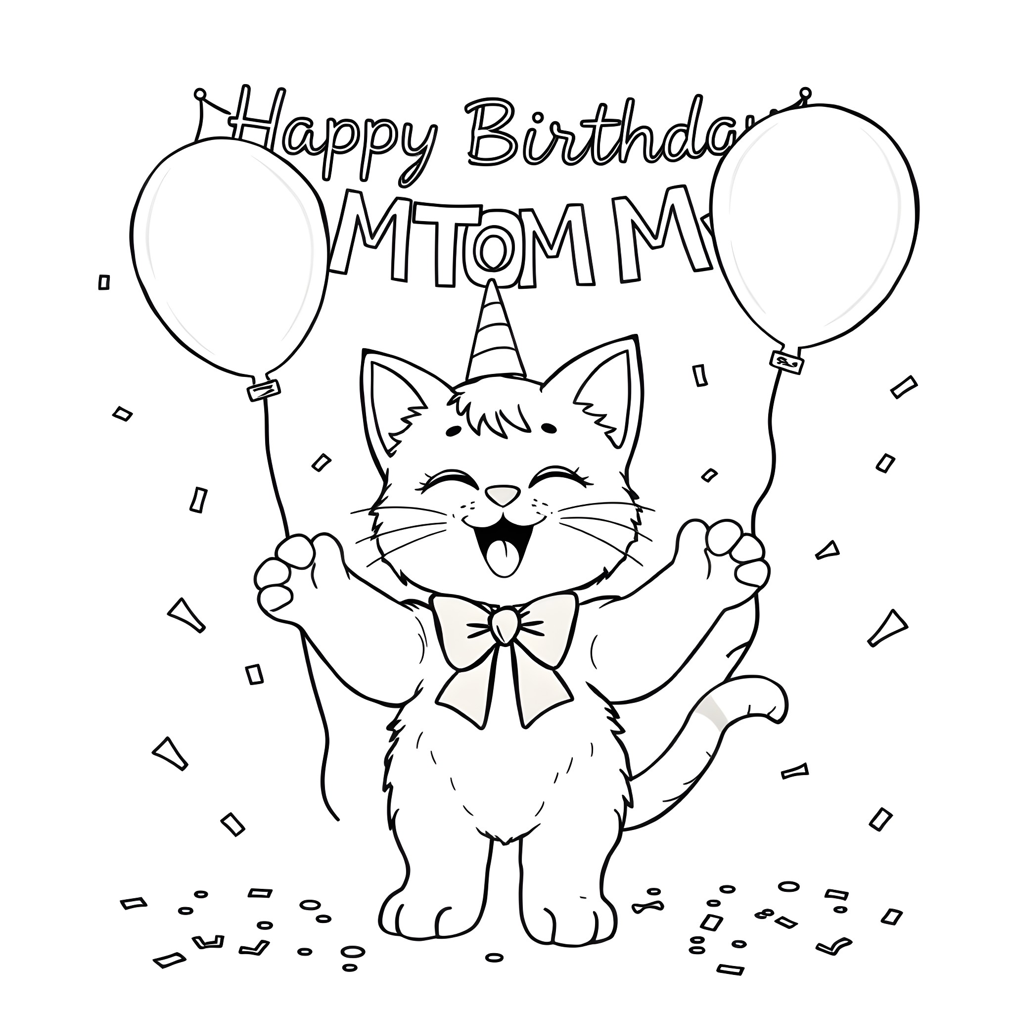 Cat celebrating a happy birthday with balloons Coloring Page (free black-and-white line drawing printable PDF for all, from beginners to advanced learners, including children, teens, adults, and seniors)
