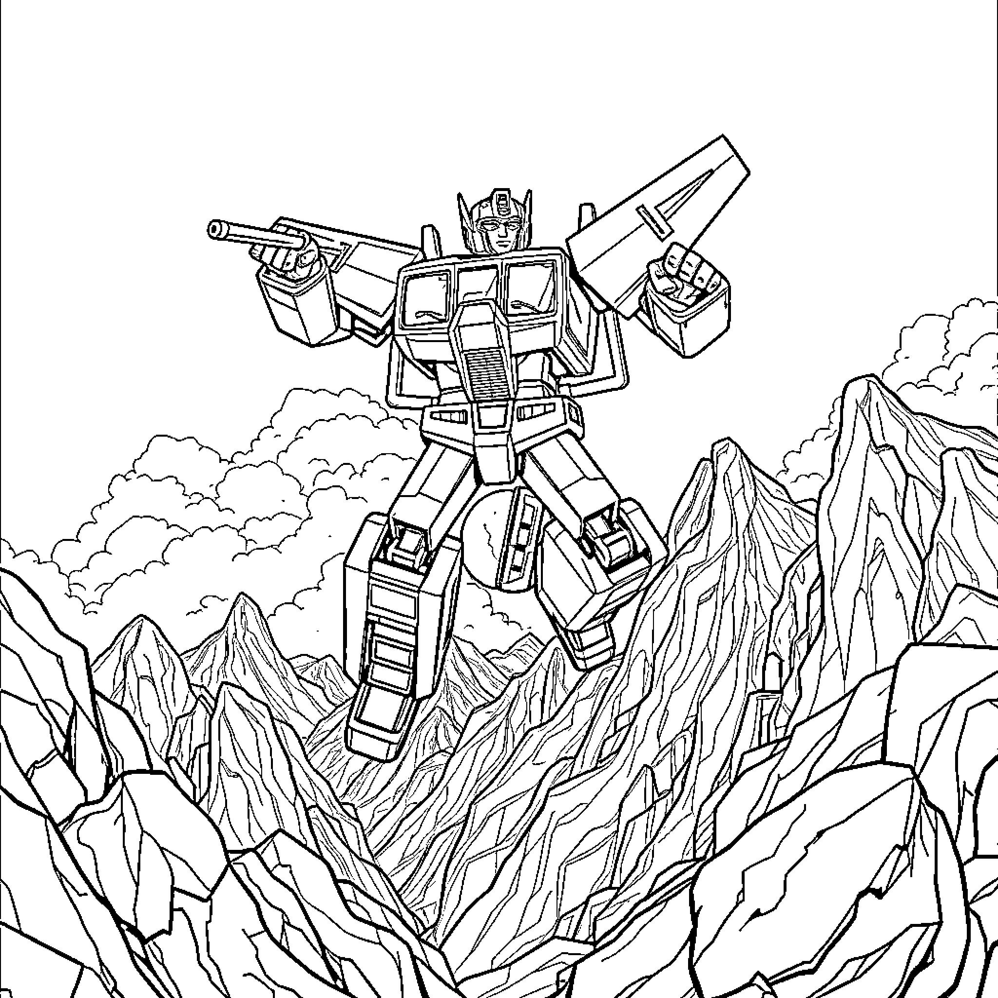 Transformer robot battling in a rugged mountain landscape Coloring Page (free black-and-white line drawing printable PDF for all, from beginners to advanced learners, including children, teens, adults, and seniors)