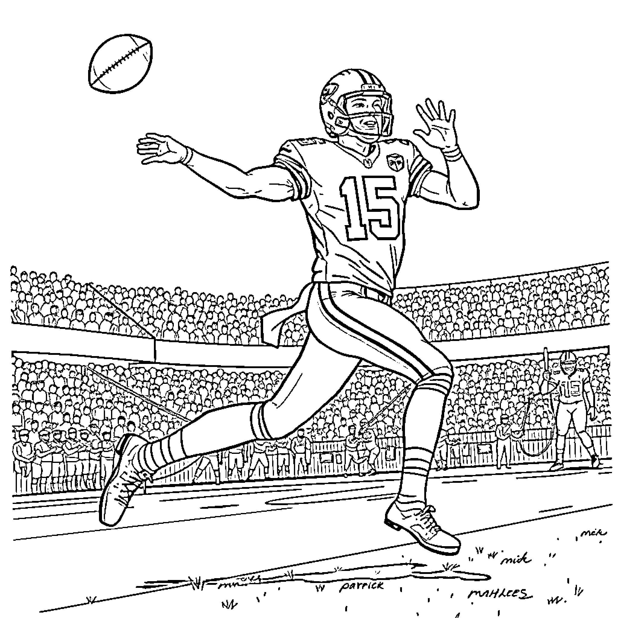 Patrick Mahomes Throwing Football on the Field Coloring Page (free black-and-white line drawing printable PDF for all, from beginners to advanced learners, including children, teens, adults, and seniors)