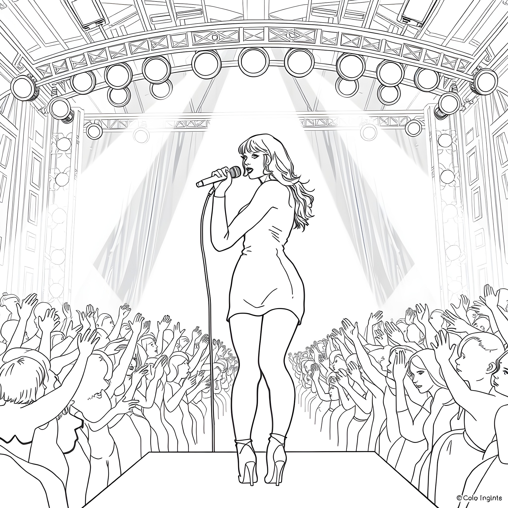 Taylor Swift captivating audience on stage Coloring Page (free black-and-white line drawing printable PDF for all, from beginners to advanced learners, including children, teens, adults, and seniors)