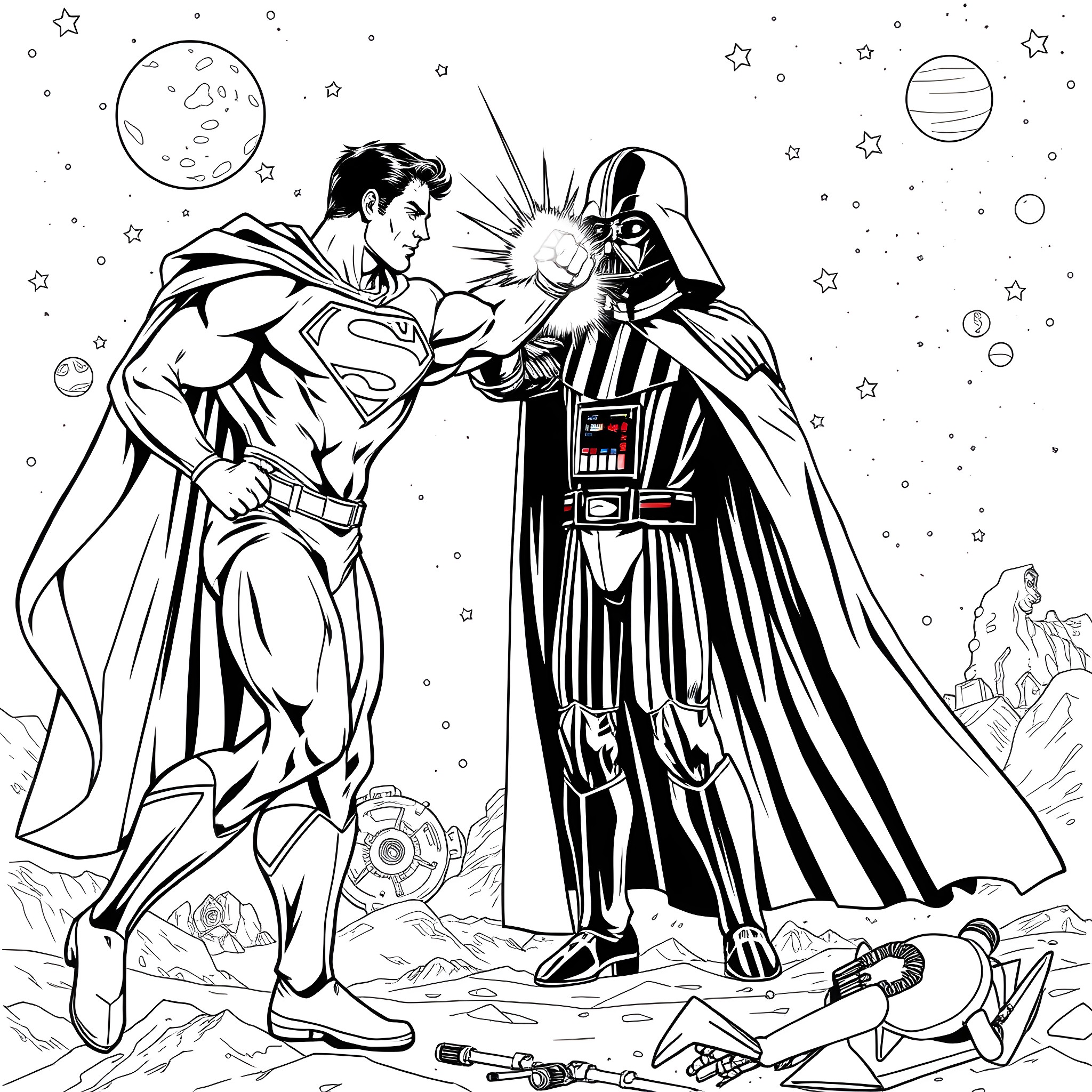 Superman battles against Darth Vader in space Coloring Page (free black-and-white line drawing printable PDF for all, from beginners to advanced learners, including children, teens, adults, and seniors)