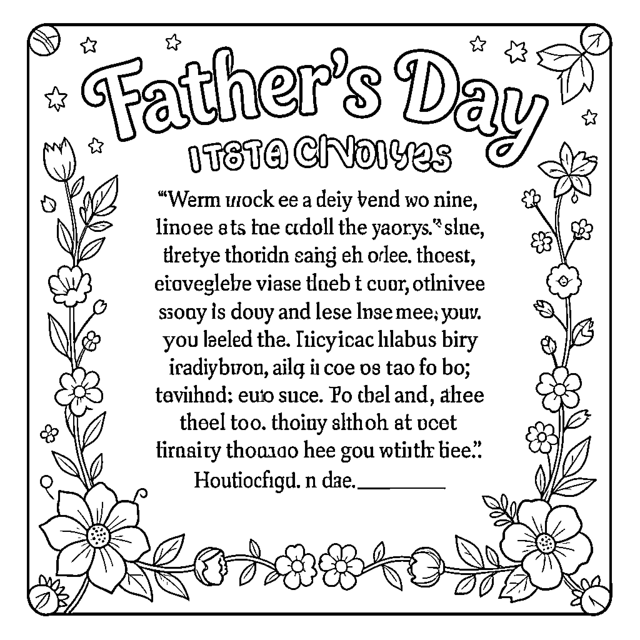 Father's Day celebratory card with floral decorations Coloring Page (free black-and-white line drawing printable PDF for all, from beginners to advanced learners, including children, teens, adults, and seniors)