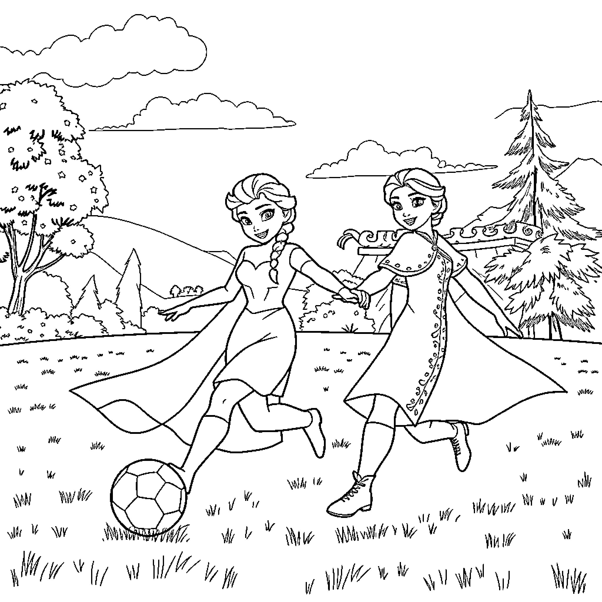 Elsa and Anna playing soccer in the forest Coloring Page (free black-and-white line drawing printable PDF for all, from beginners to advanced learners, including children, teens, adults, and seniors)
