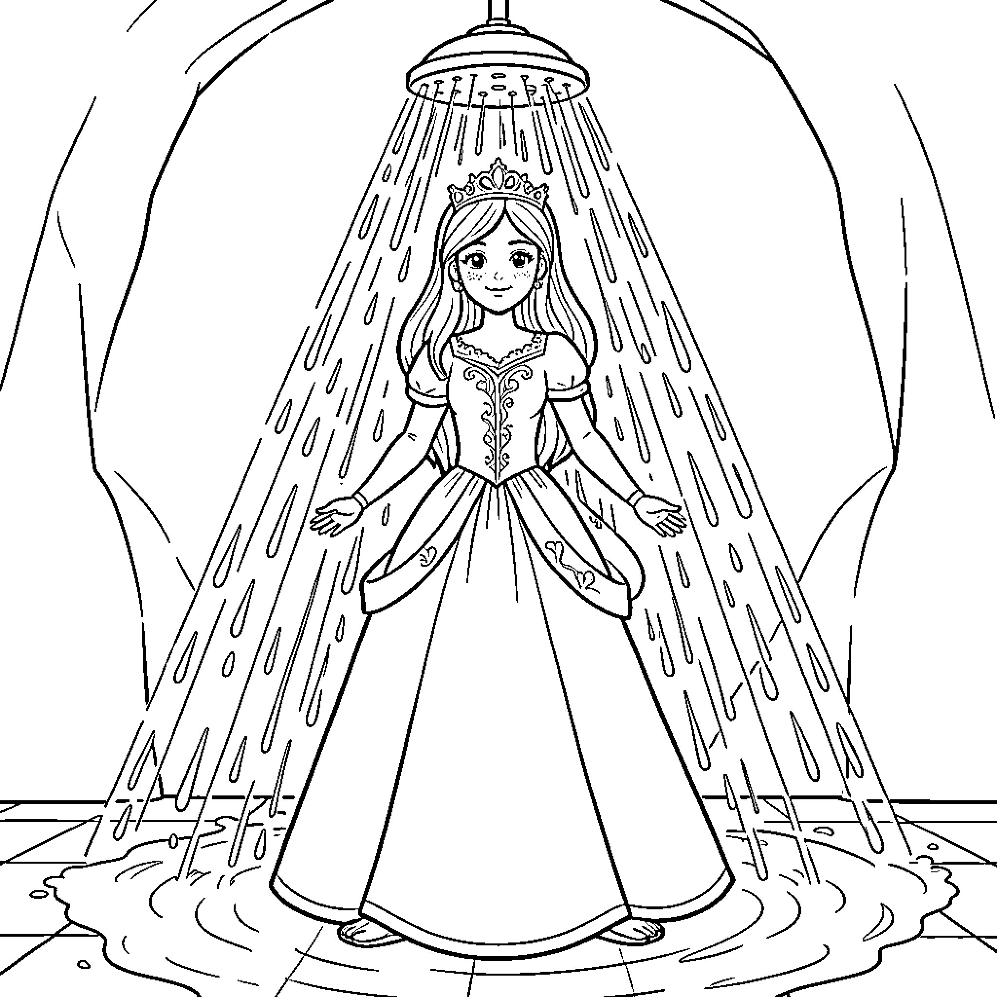 Princess standing joyfully under a shower spray Coloring Page (free black-and-white line drawing printable PDF for all, from beginners to advanced learners, including children, teens, adults, and seniors)