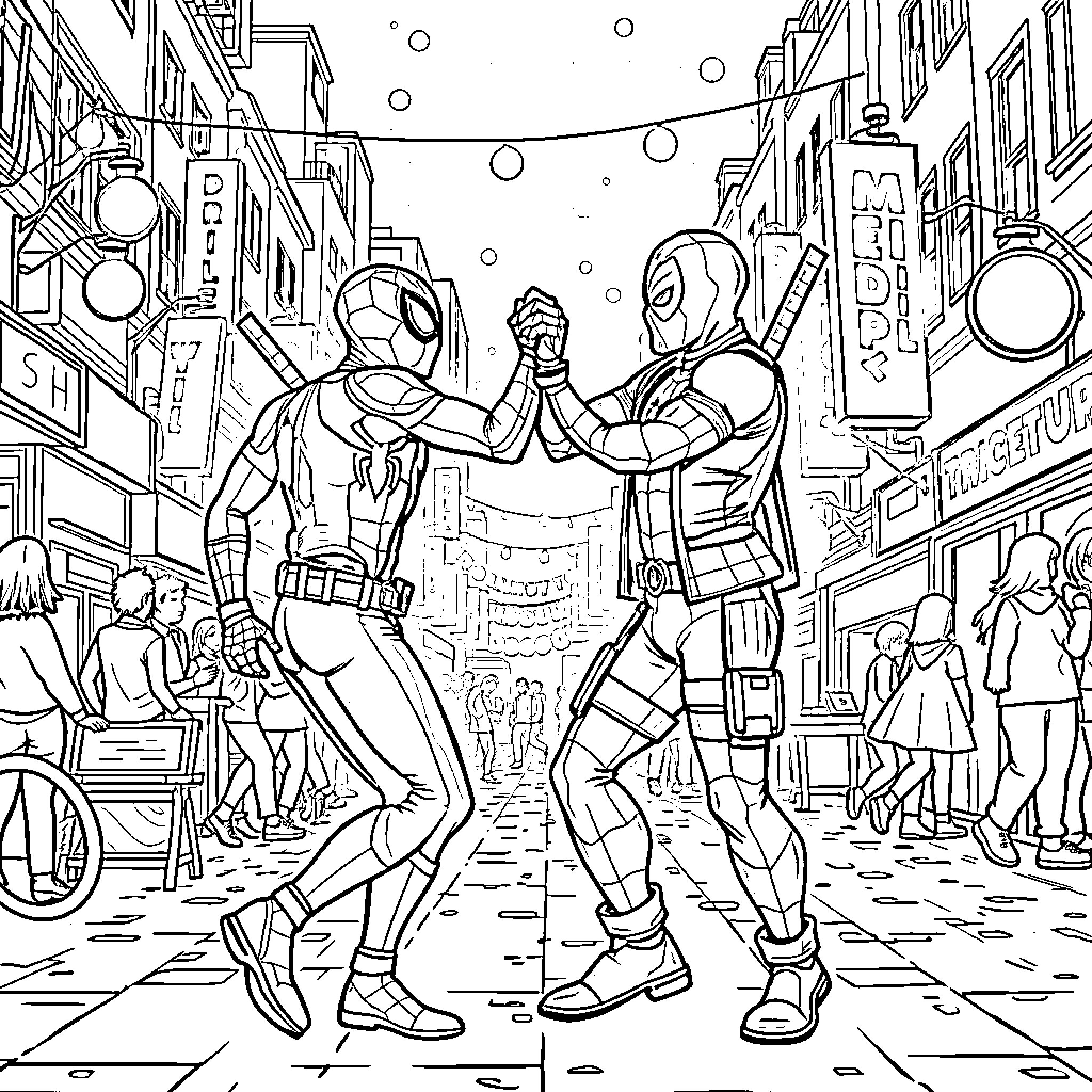 Spiderman and Deadpool Team Up in Exciting City Adventure Coloring Page (free black-and-white line drawing printable PDF for all, from beginners to advanced learners, including children, teens, adults, and seniors)