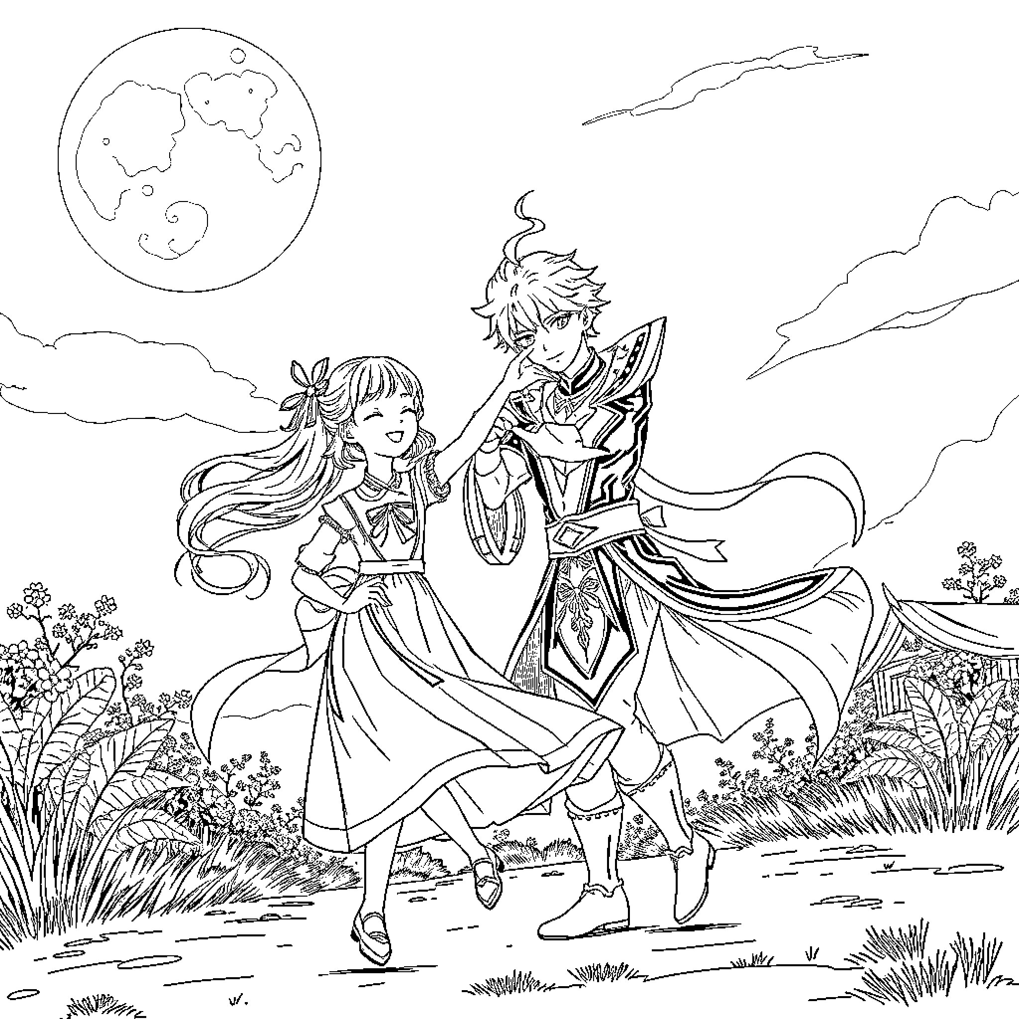Girl and Boy in Fantasy Attire Exploring the Landscape Coloring Page (free black-and-white line drawing printable PDF for all, from beginners to advanced learners, including children, teens, adults, and seniors)
