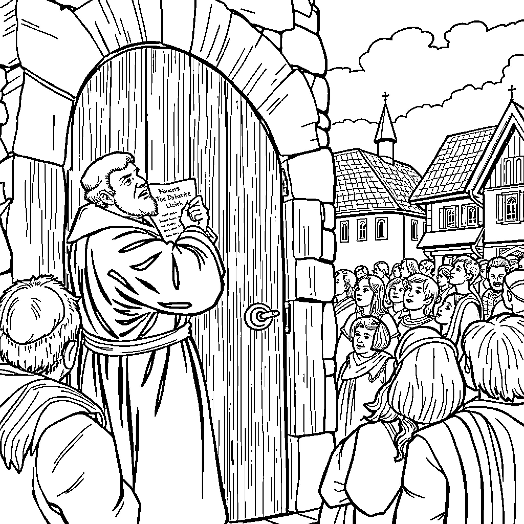 Martin Luther preaching to a crowd outside a church Coloring Page (free black-and-white line drawing printable PDF for all, from beginners to advanced learners, including children, teens, adults, and seniors)