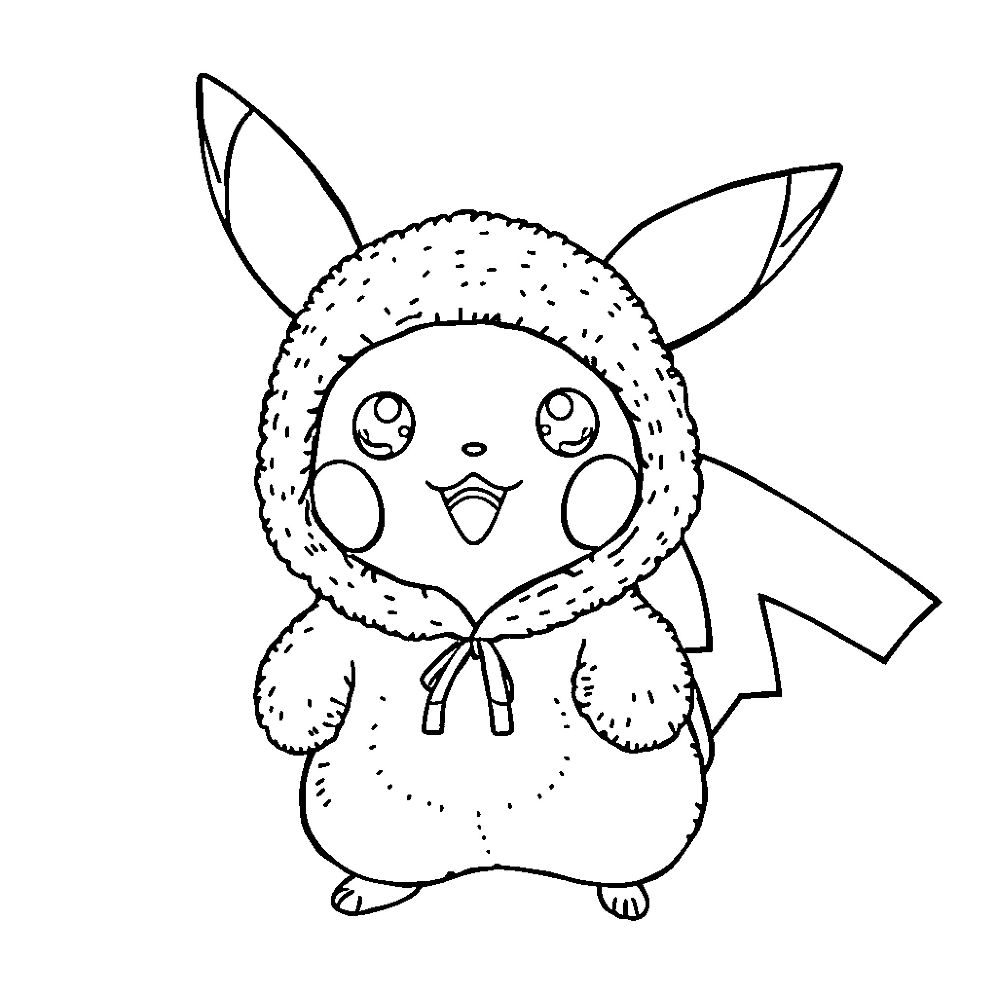 Pikachu in a cozy winter outfit Coloring Page (free black-and-white line drawing printable PDF for all, from beginners to advanced learners, including children, teens, adults, and seniors)