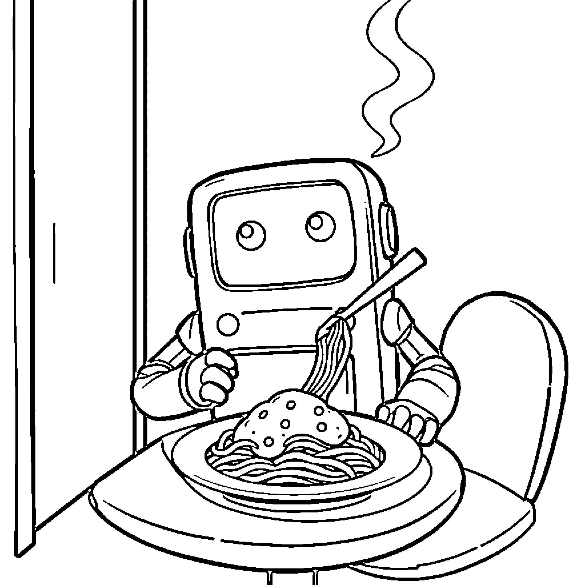 BMO Enjoying a Delicious Meal Coloring Page (free black-and-white line drawing printable PDF for all, from beginners to advanced learners, including children, teens, adults, and seniors)
