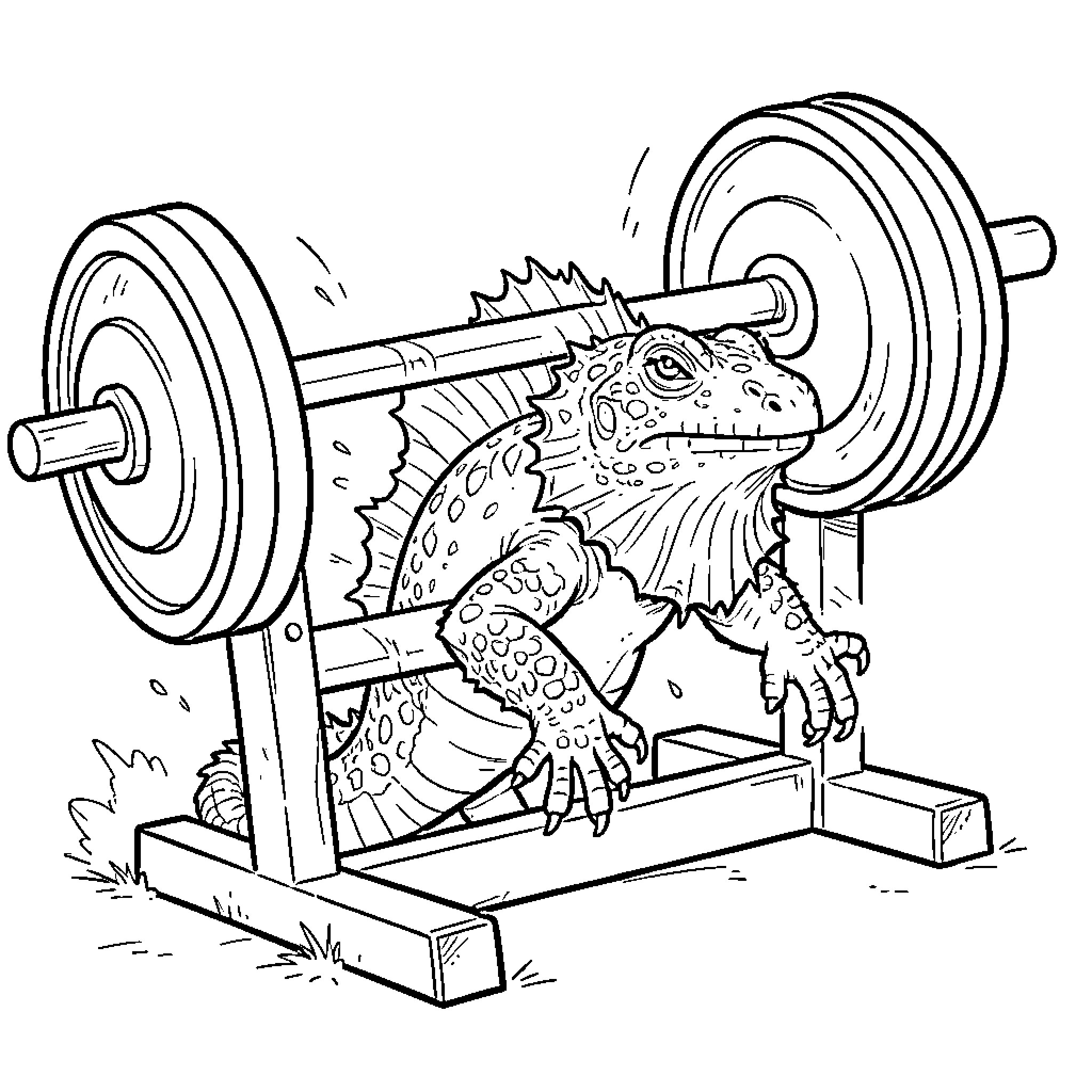 Lizard lifting weights in a gym Coloring Page (free black-and-white line drawing printable PDF for all, from beginners to advanced learners, including children, teens, adults, and seniors)