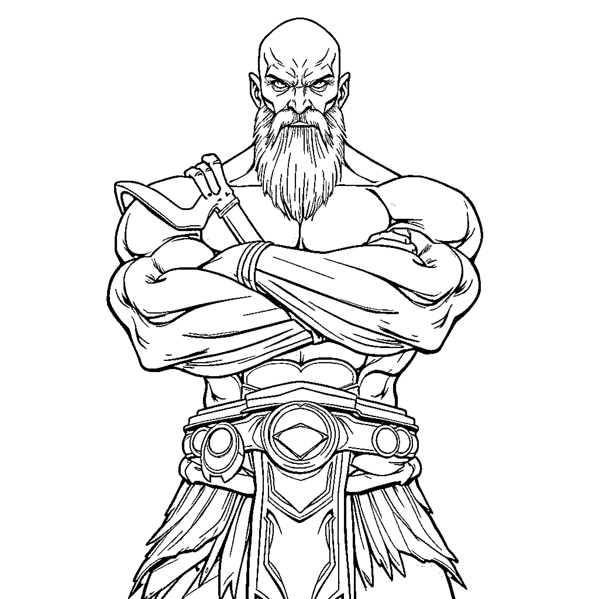 Kratos, the Fierce and Determined Warrior Coloring Page (free black-and-white line drawing printable PDF for all, from beginners to advanced learners, including children, teens, adults, and seniors)