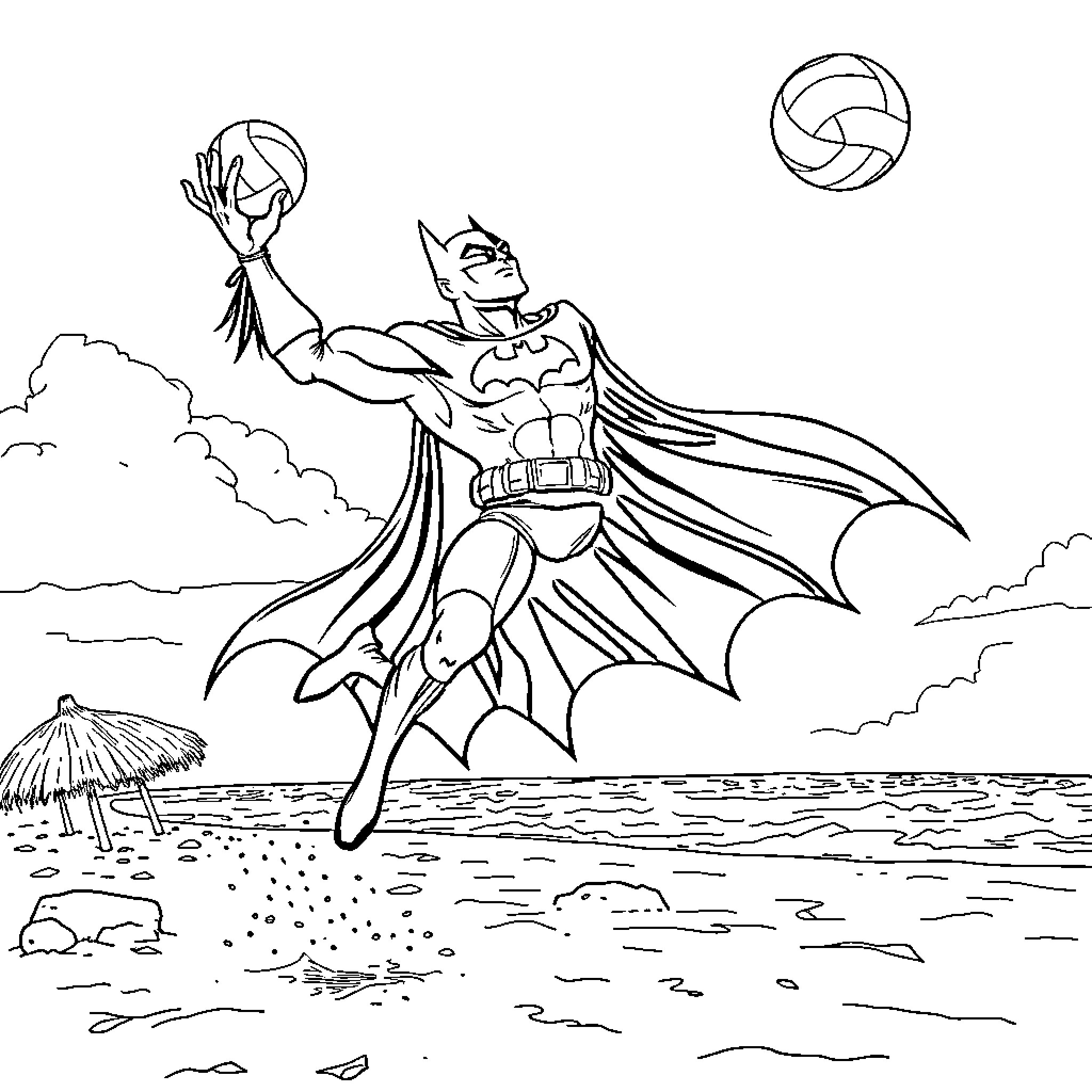 Batman Soaring in the Skies with Volleyball Coloring Page (free black-and-white line drawing printable PDF for all, from beginners to advanced learners, including children, teens, adults, and seniors)