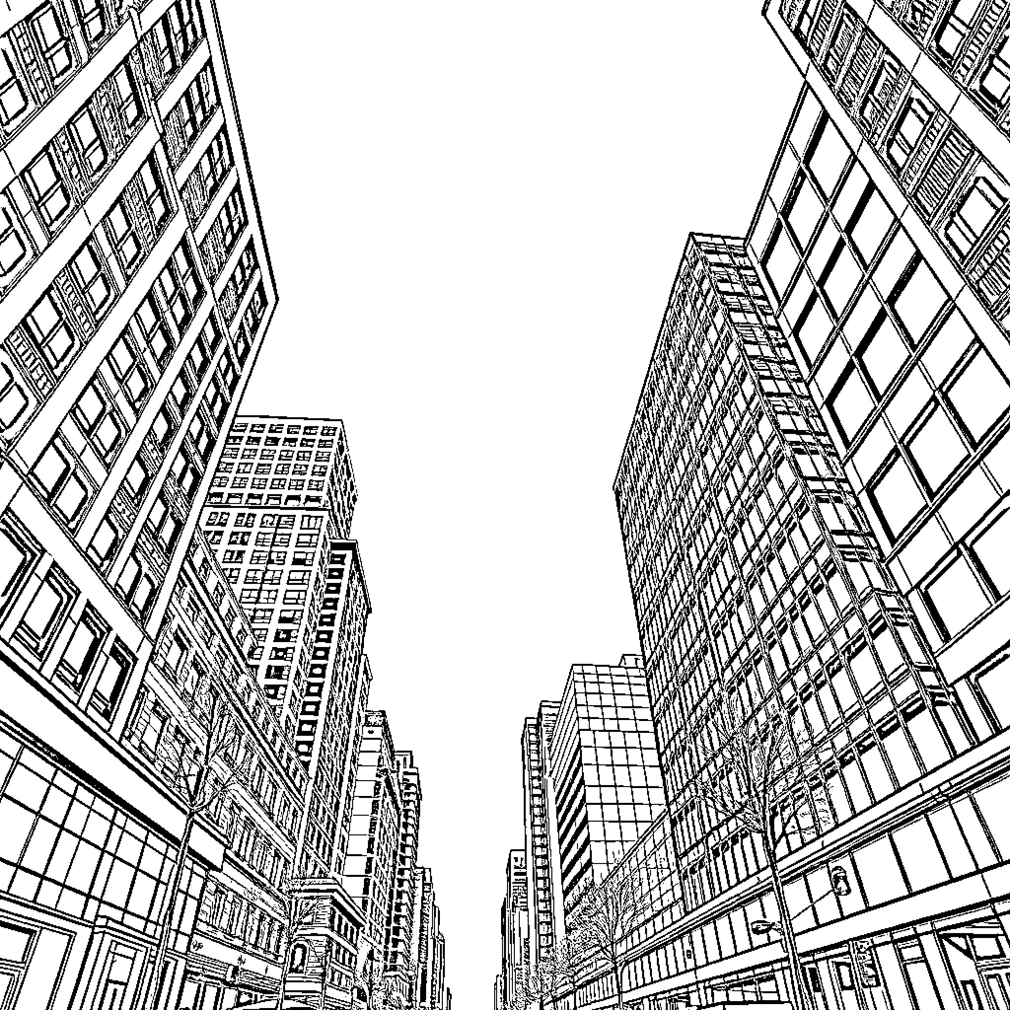 Building Skyscrapers in Urban City Landscape Coloring Page (free black-and-white line drawing printable PDF for all, from beginners to advanced learners, including children, teens, adults, and seniors)