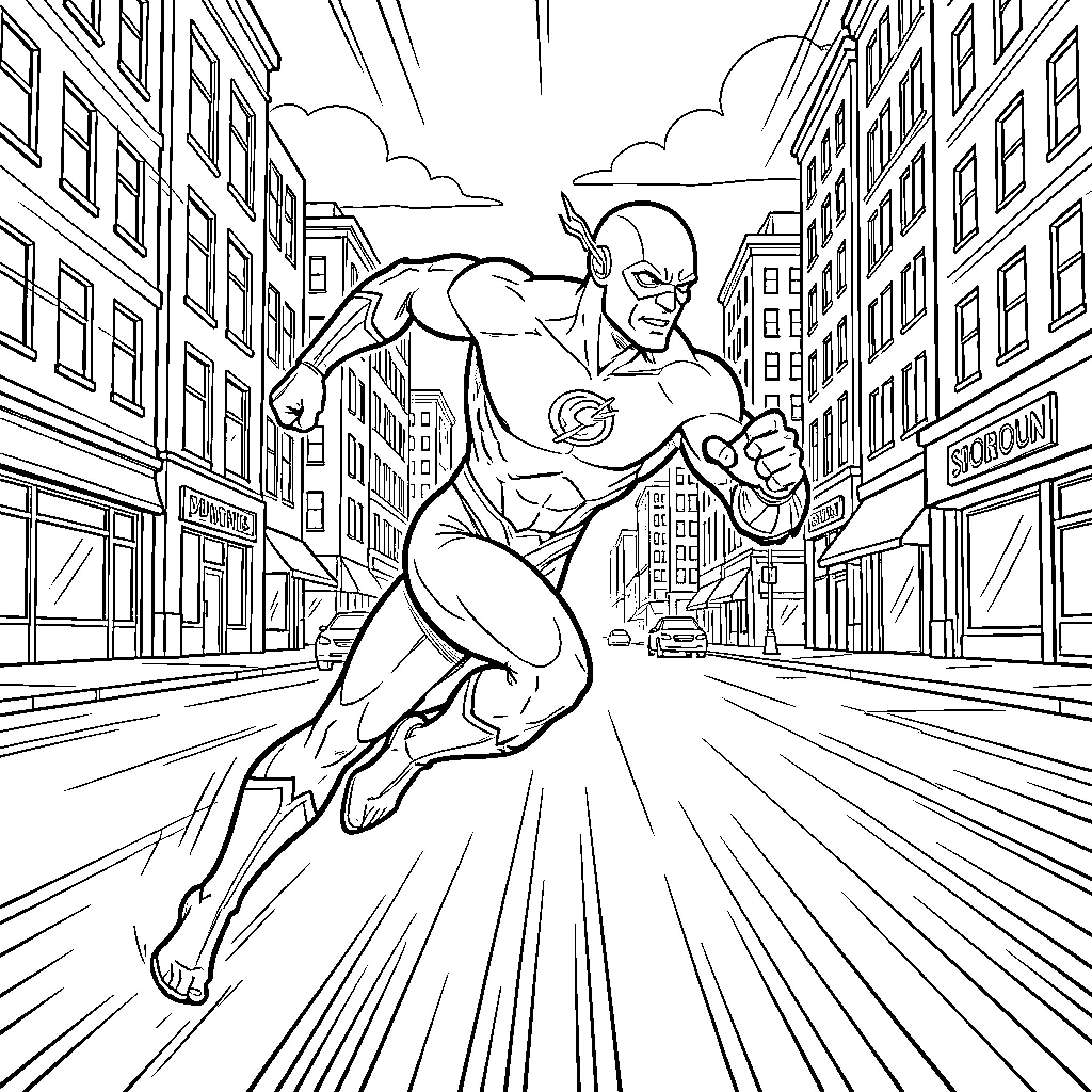 Flash sprinting fast through a busy city street Coloring Page (free black-and-white line drawing printable PDF for all, from beginners to advanced learners, including children, teens, adults, and seniors)
