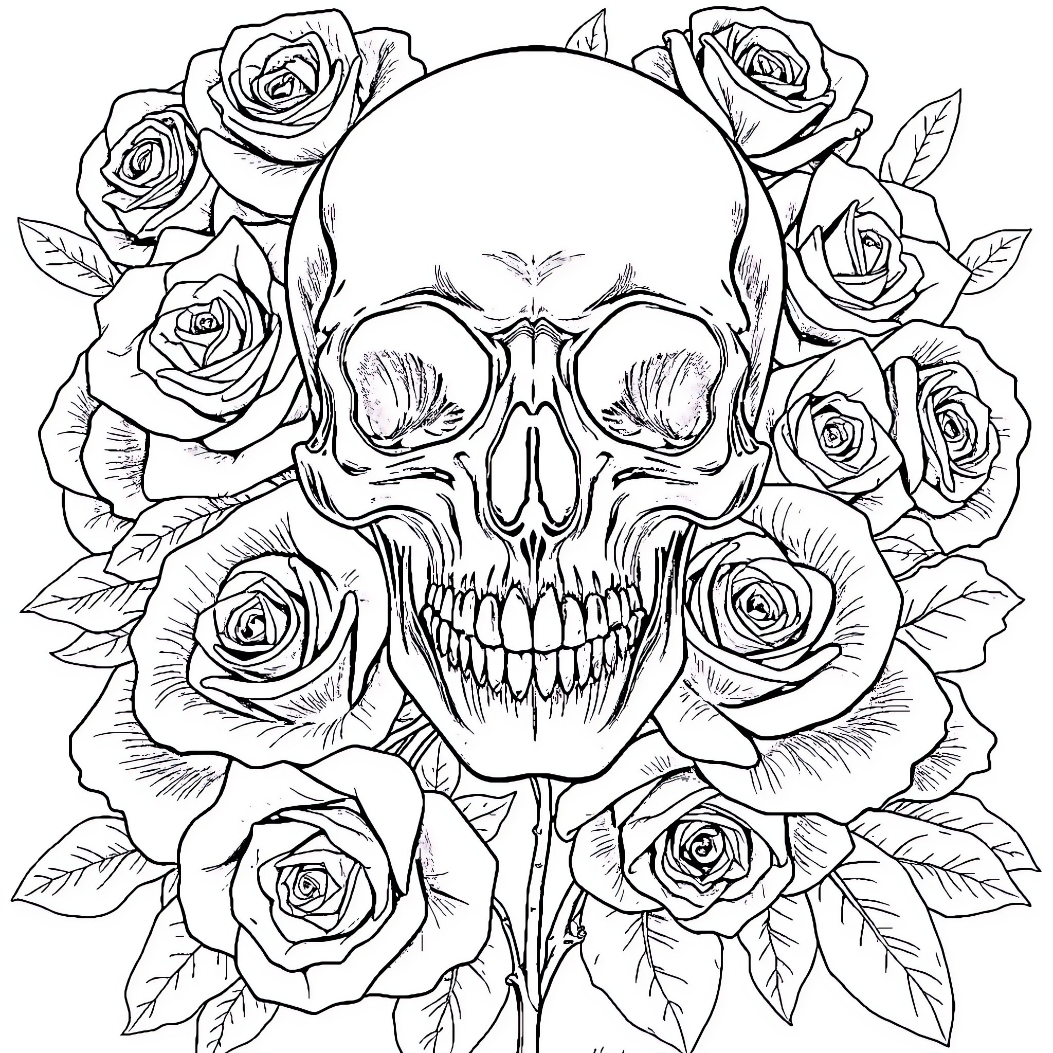 Skull surrounded by intricate rose floral design Coloring Page (free black-and-white line drawing printable PDF for all, from beginners to advanced learners, including children, teens, adults, and seniors)