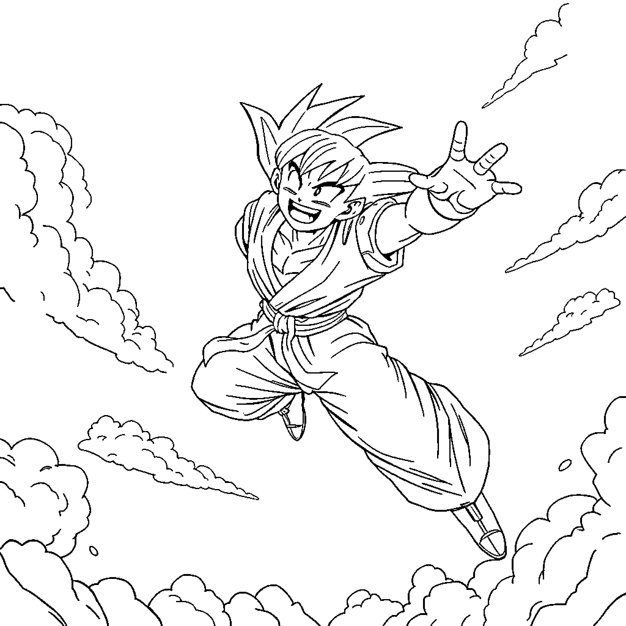 Dragon Ball Character Soaring Through the Clouds Coloring Page (free black-and-white line drawing printable PDF for all, from beginners to advanced learners, including children, teens, adults, and seniors)