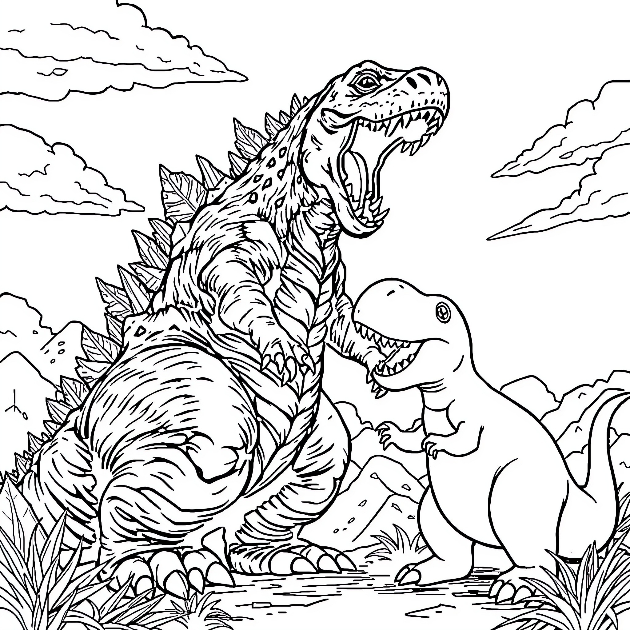 Godzilla facing off against a mighty dinosaur Coloring Page (free black-and-white line drawing printable PDF for all, from beginners to advanced learners, including children, teens, adults, and seniors)