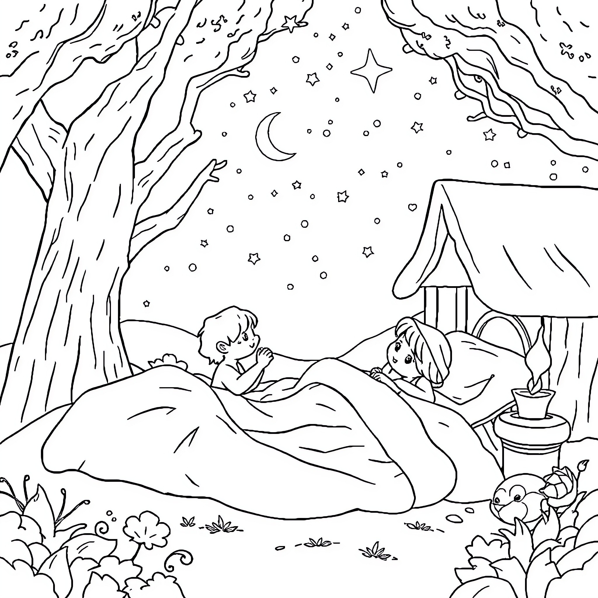 Bedtime Story Under the Starry Night Coloring Page (free black-and-white line drawing printable PDF for all, from beginners to advanced learners, including children, teens, adults, and seniors)