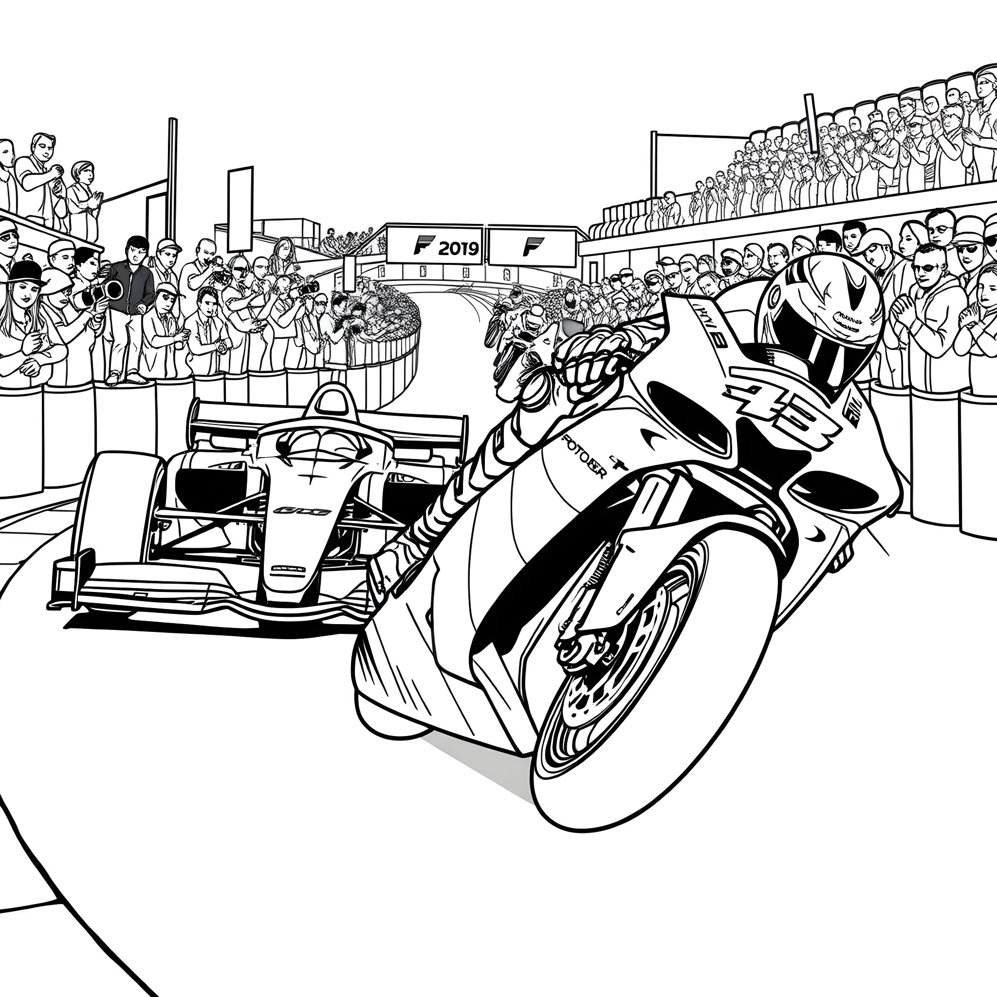 Formula 1 race with speeding cars and cheering fans Coloring Page (free black-and-white line drawing printable PDF for all, from beginners to advanced learners, including children, teens, adults, and seniors)