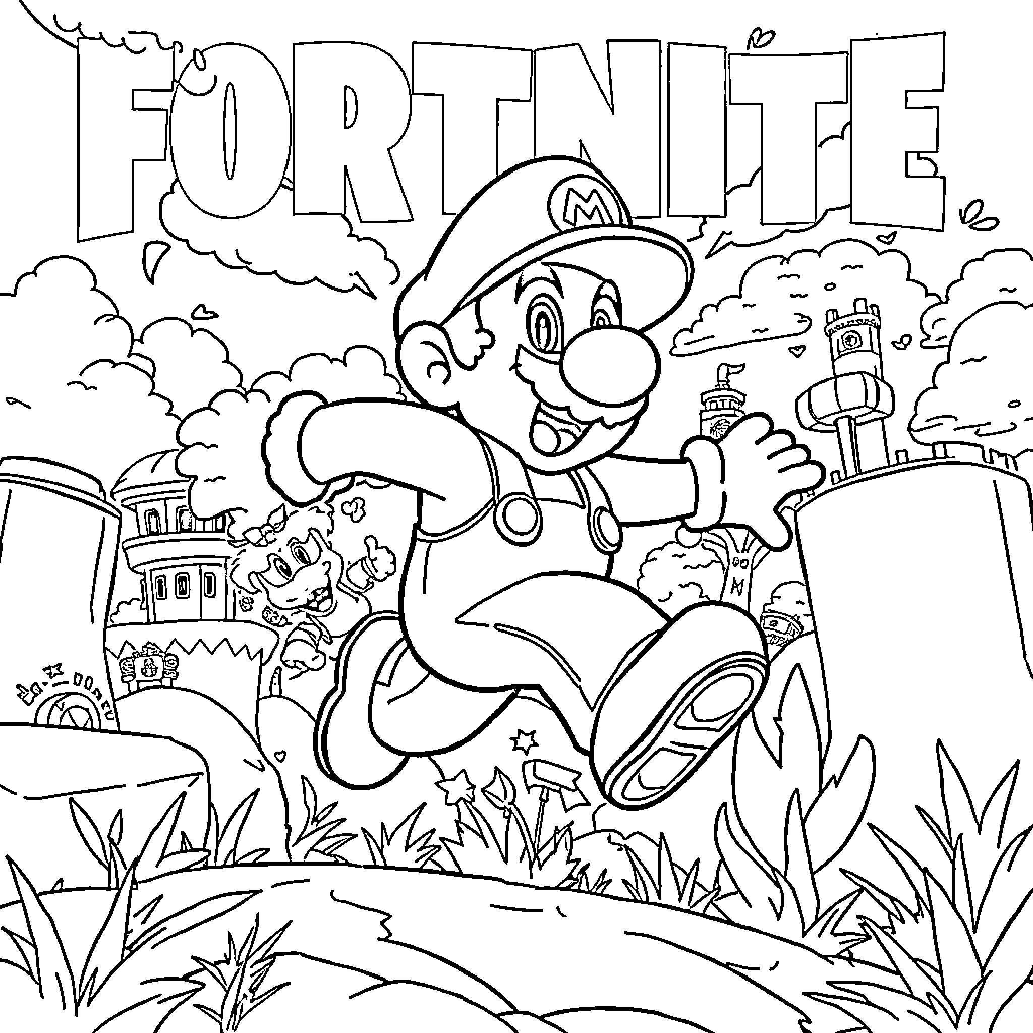 Mario's Adventurous Fortitude in the Mushroom Kingdom Coloring Page (free black-and-white line drawing printable PDF for all, from beginners to advanced learners, including children, teens, adults, and seniors)