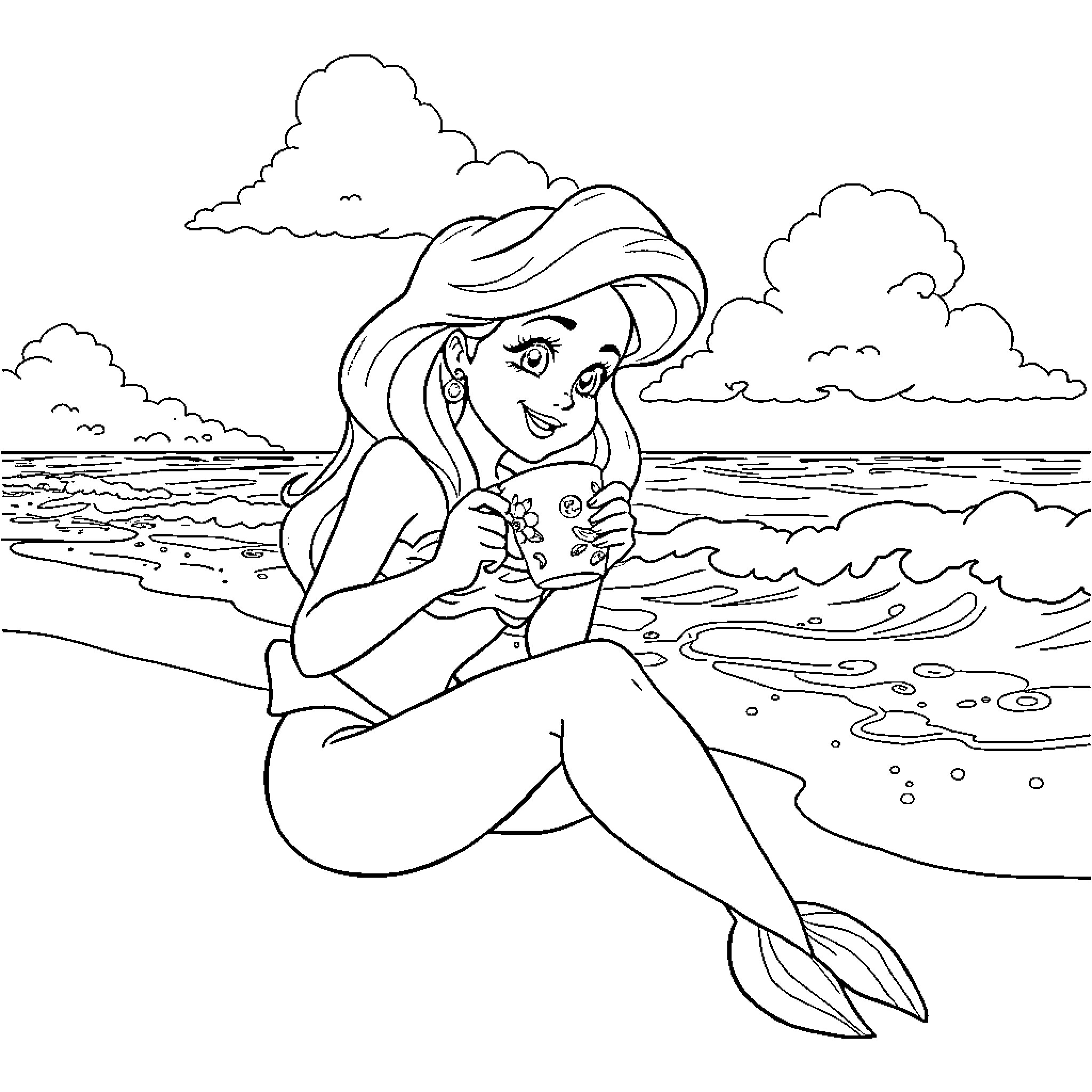Ariel enjoying the beach and ocean breeze Coloring Page (free black-and-white line drawing printable PDF for all, from beginners to advanced learners, including children, teens, adults, and seniors)