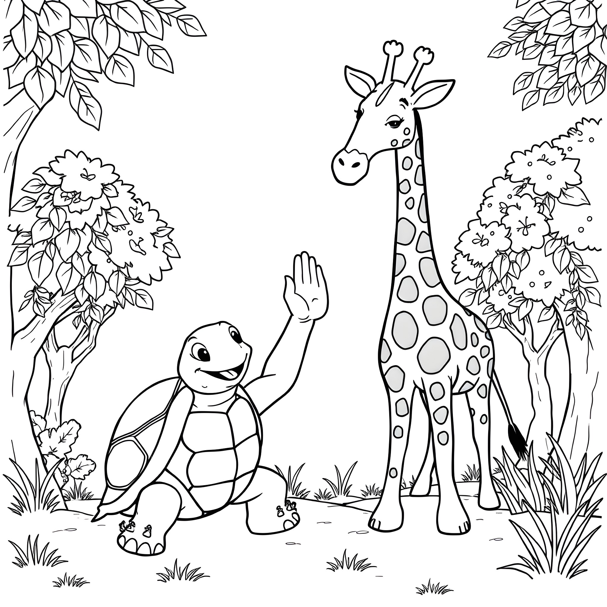 Turtle and Giraffe in Tranquil Woodland Setting Coloring Page (free black-and-white line drawing printable PDF for all, from beginners to advanced learners, including children, teens, adults, and seniors)