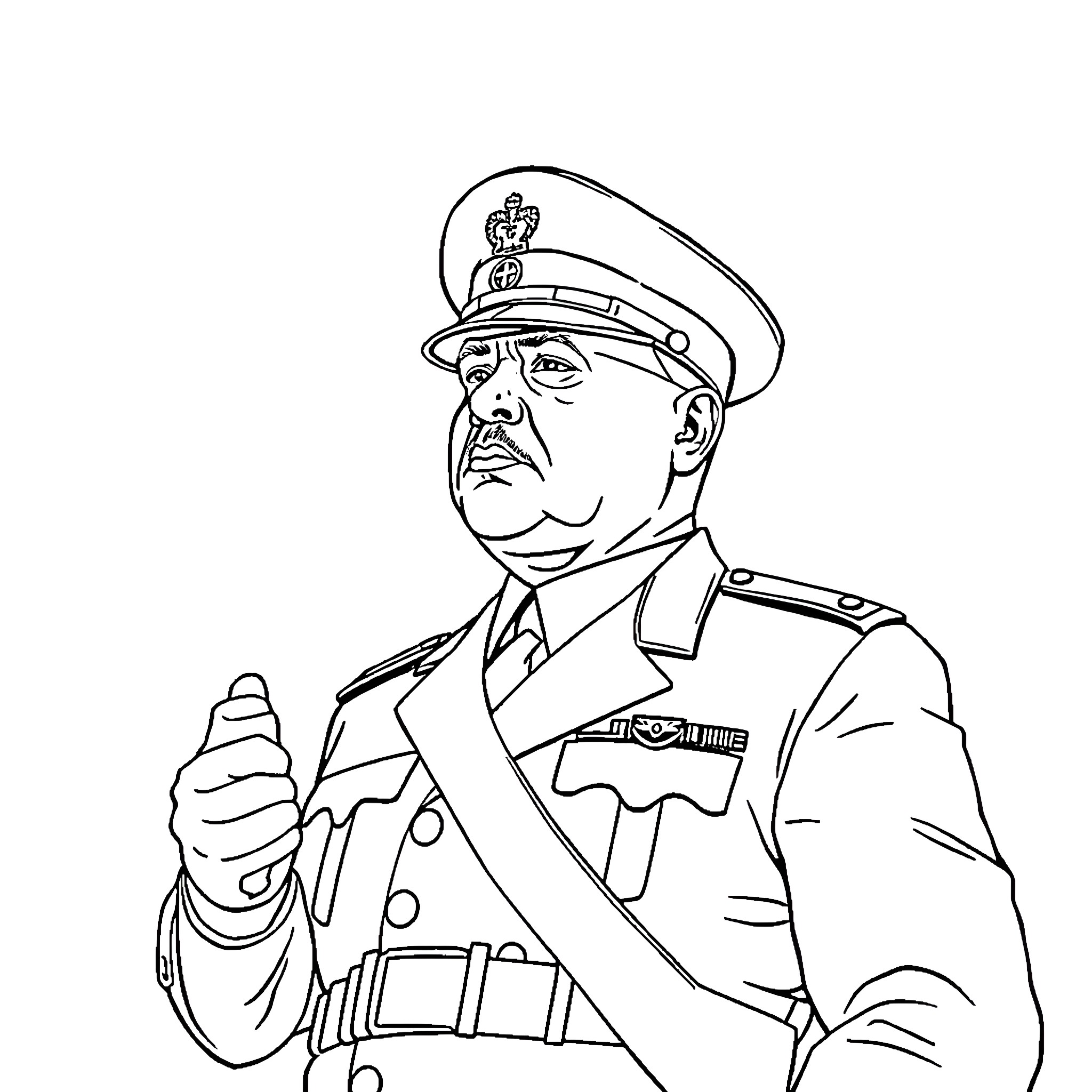 Dictador giving stern military commands Coloring Page (free black-and-white line drawing printable PDF for all, from beginners to advanced learners, including children, teens, adults, and seniors)