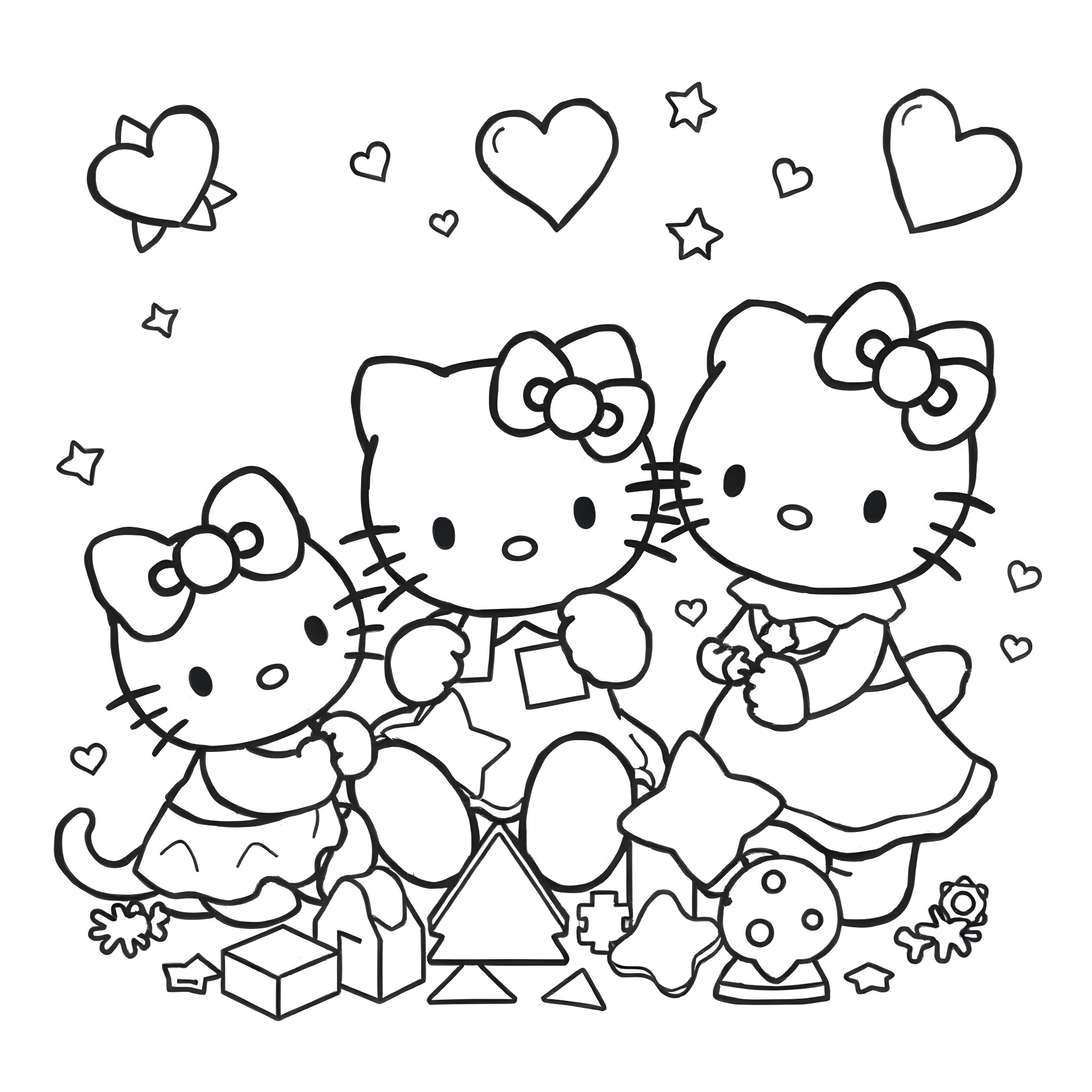 Hello Kitty playing with friends in a whimsical scene Coloring Page (free black-and-white line drawing printable PDF for all, from beginners to advanced learners, including children, teens, adults, and seniors)