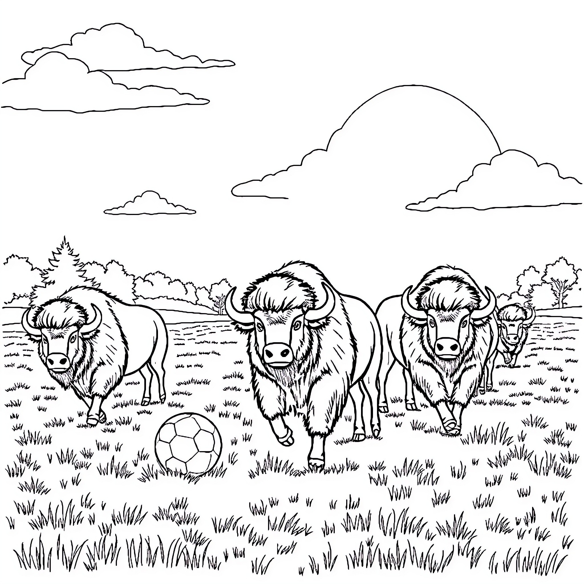 Bison roaming in a grassy field Coloring Page (free black-and-white line drawing printable PDF for all, from beginners to advanced learners, including children, teens, adults, and seniors)