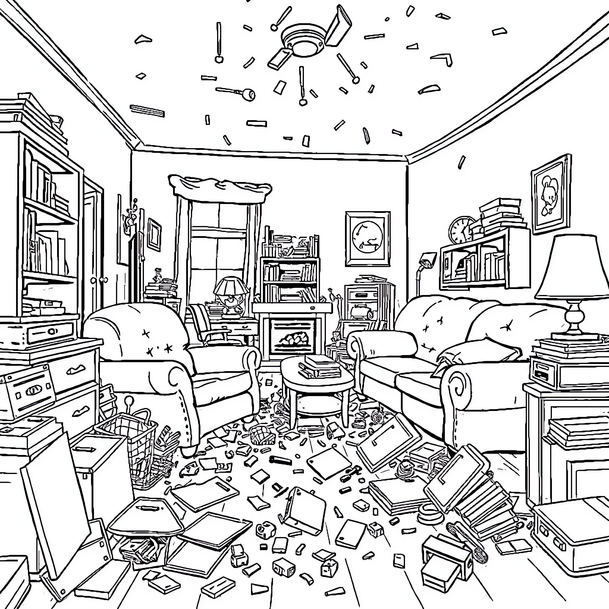 House filled with scattered mess and clutter Coloring Page (free black-and-white line drawing printable PDF for all, from beginners to advanced learners, including children, teens, adults, and seniors)