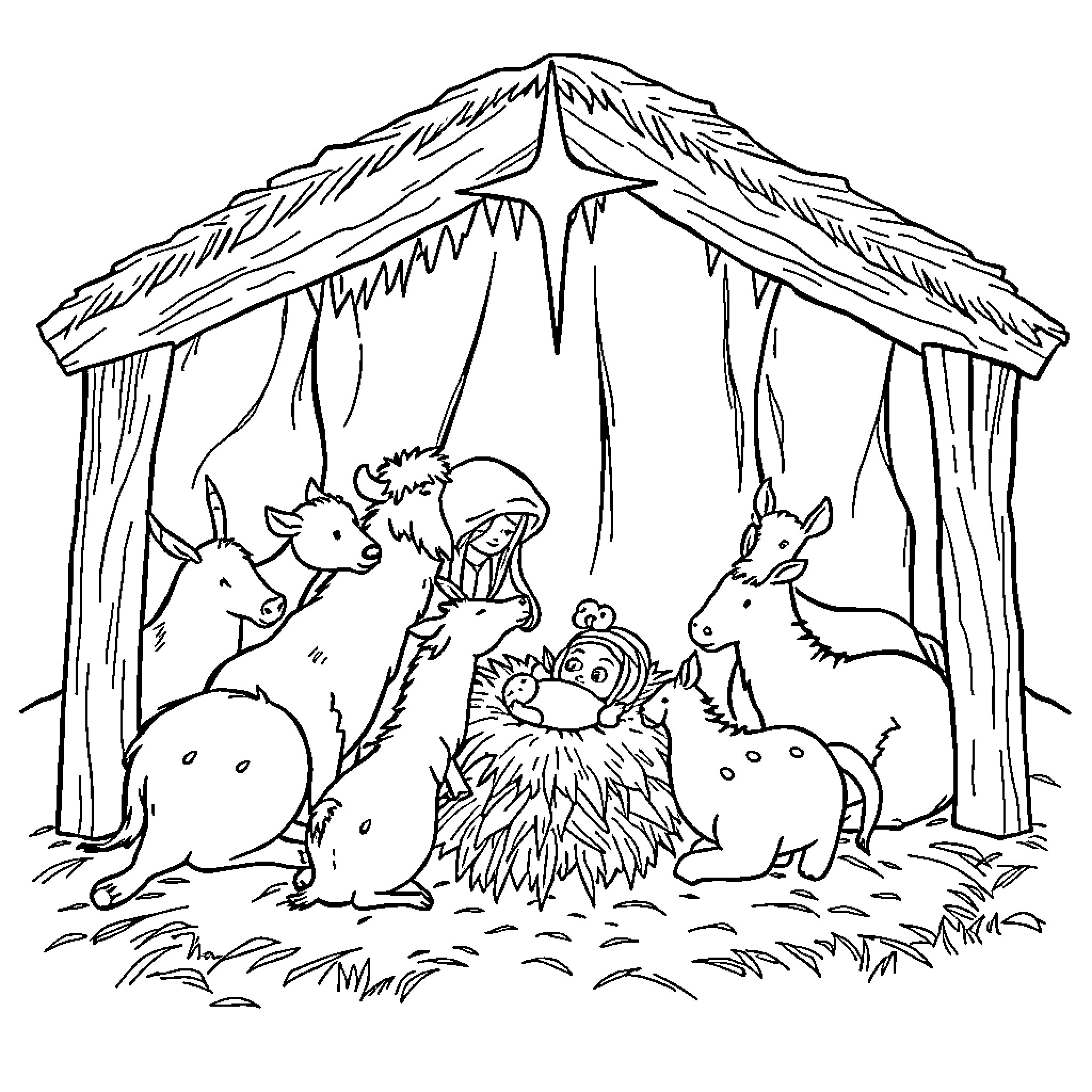 Manger scene with animals and baby Jesus Coloring Page (free black-and-white line drawing printable PDF for all, from beginners to advanced learners, including children, teens, adults, and seniors)