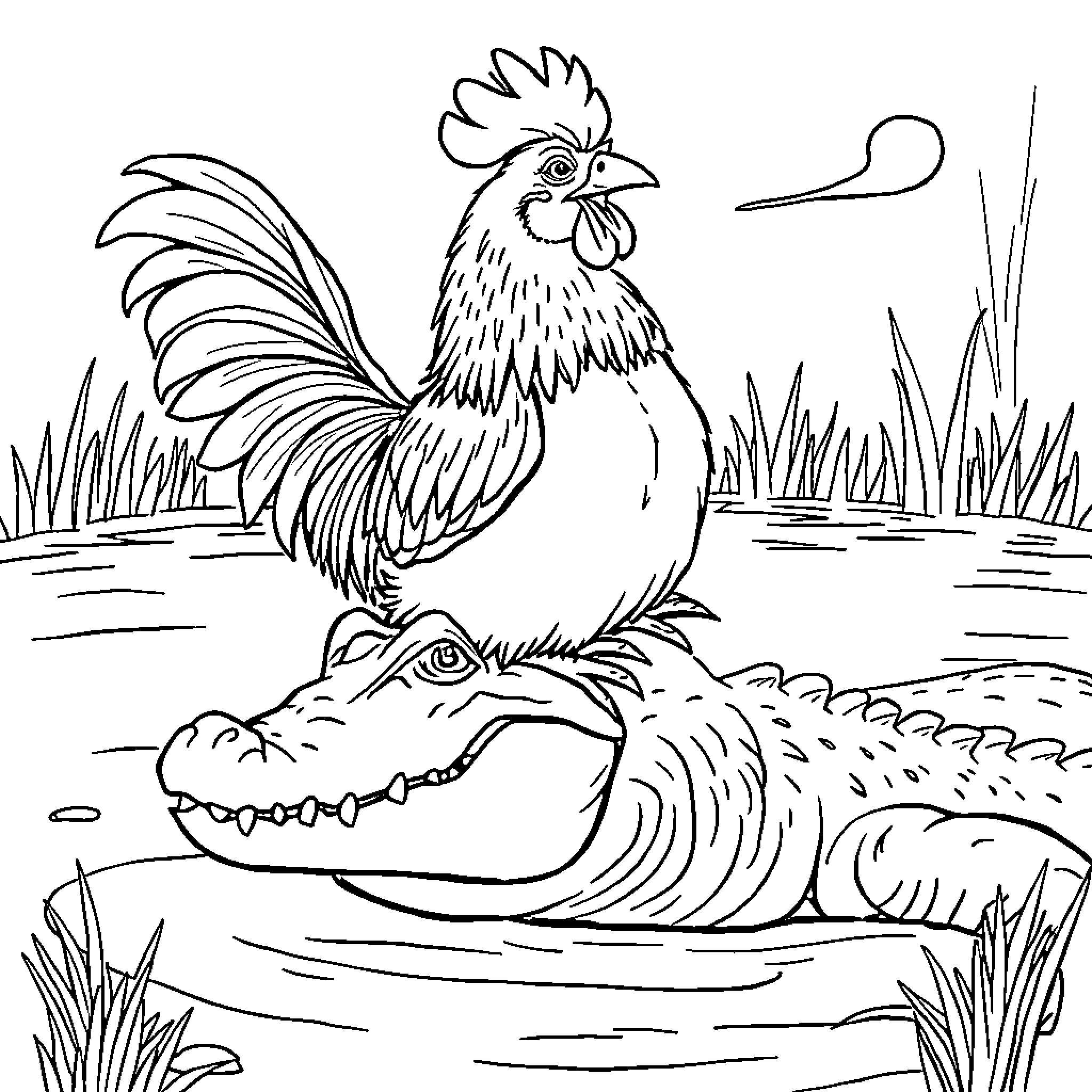 Chicken perched atop an alligator in a natural setting Coloring Page (free black-and-white line drawing printable PDF for all, from beginners to advanced learners, including children, teens, adults, and seniors)