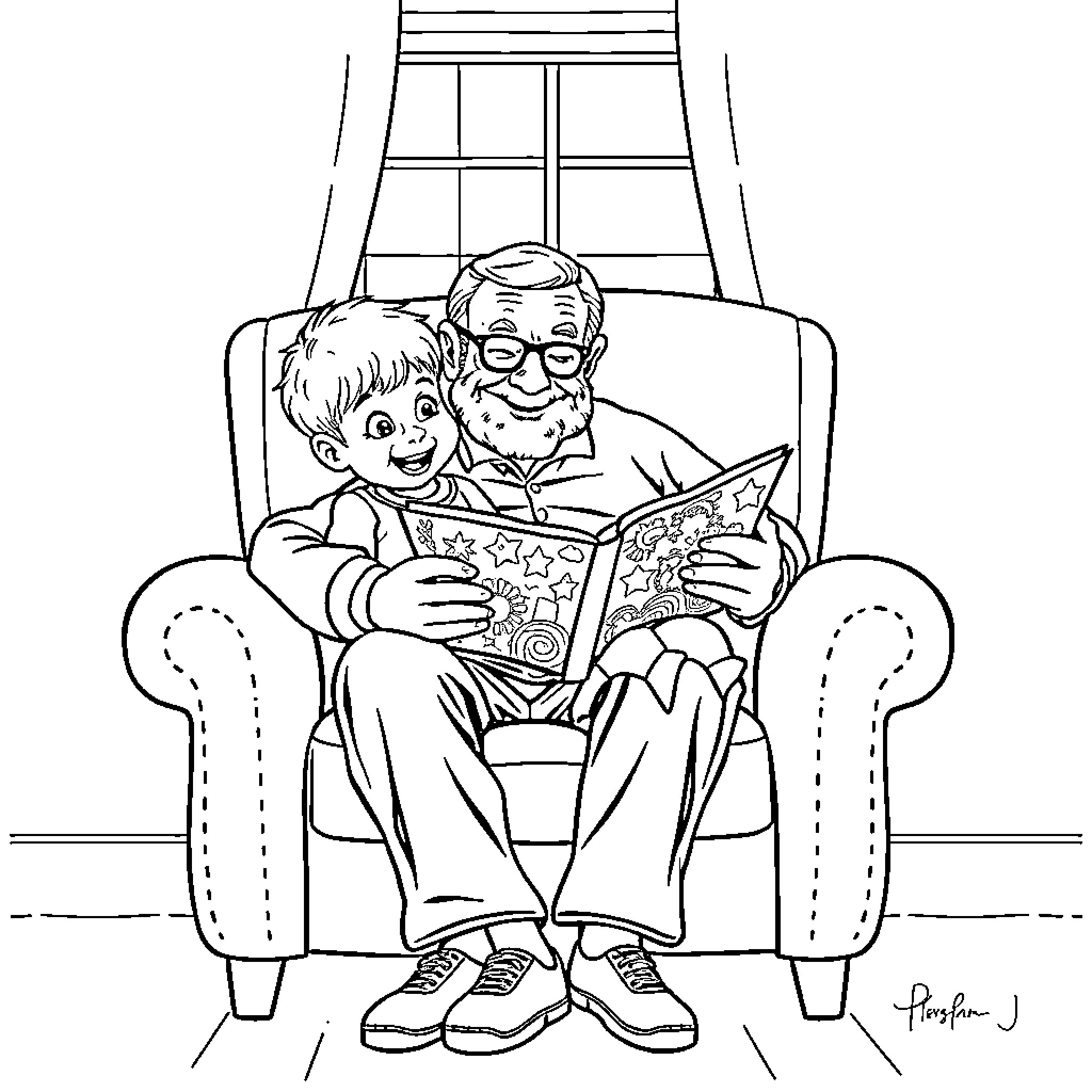 Grandpa reading a story to his grandson Coloring Page (free black-and-white line drawing printable PDF for all, from beginners to advanced learners, including children, teens, adults, and seniors)