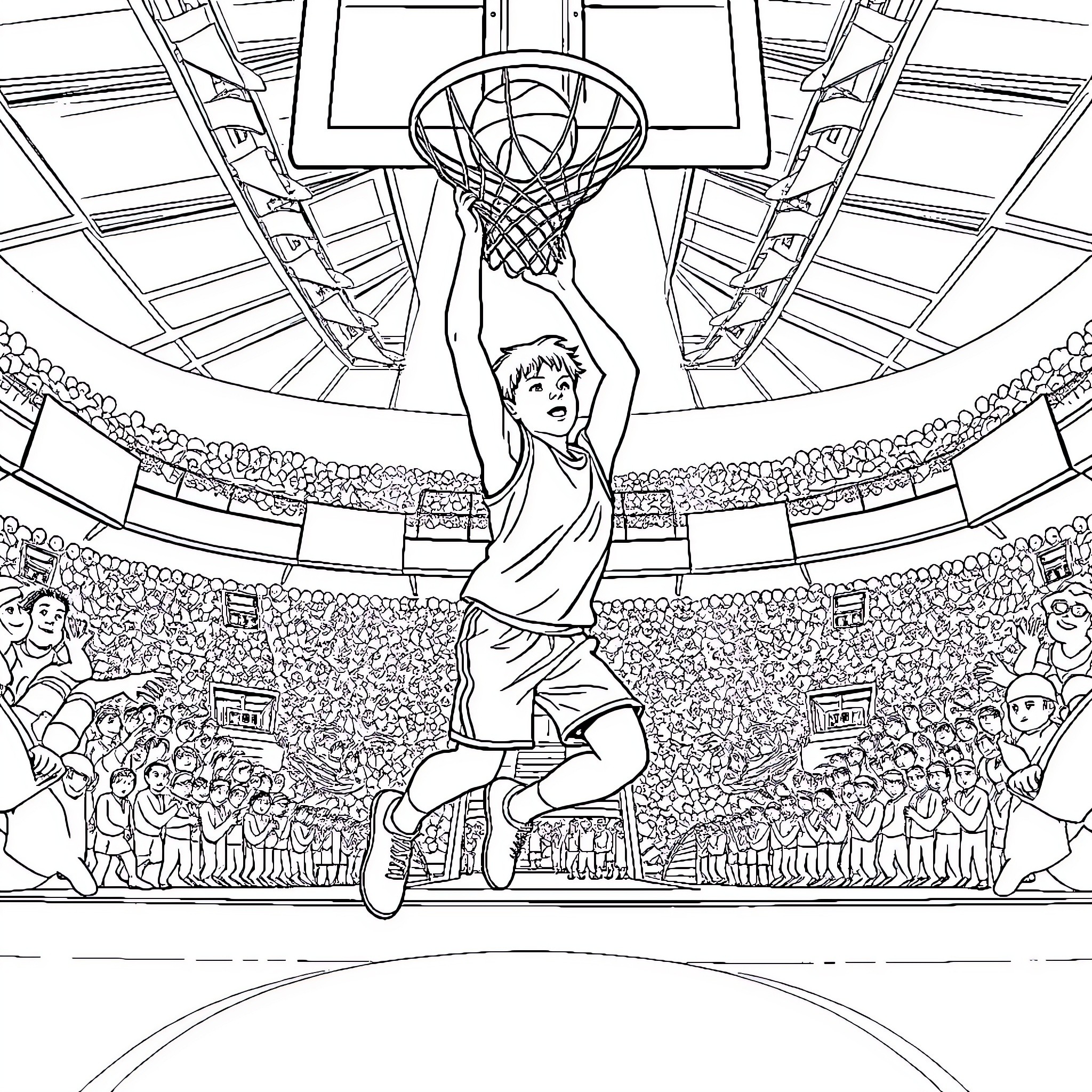 Niño dunking basketball in stadium arena Coloring Page (free black-and-white line drawing printable PDF for all, from beginners to advanced learners, including children, teens, adults, and seniors)