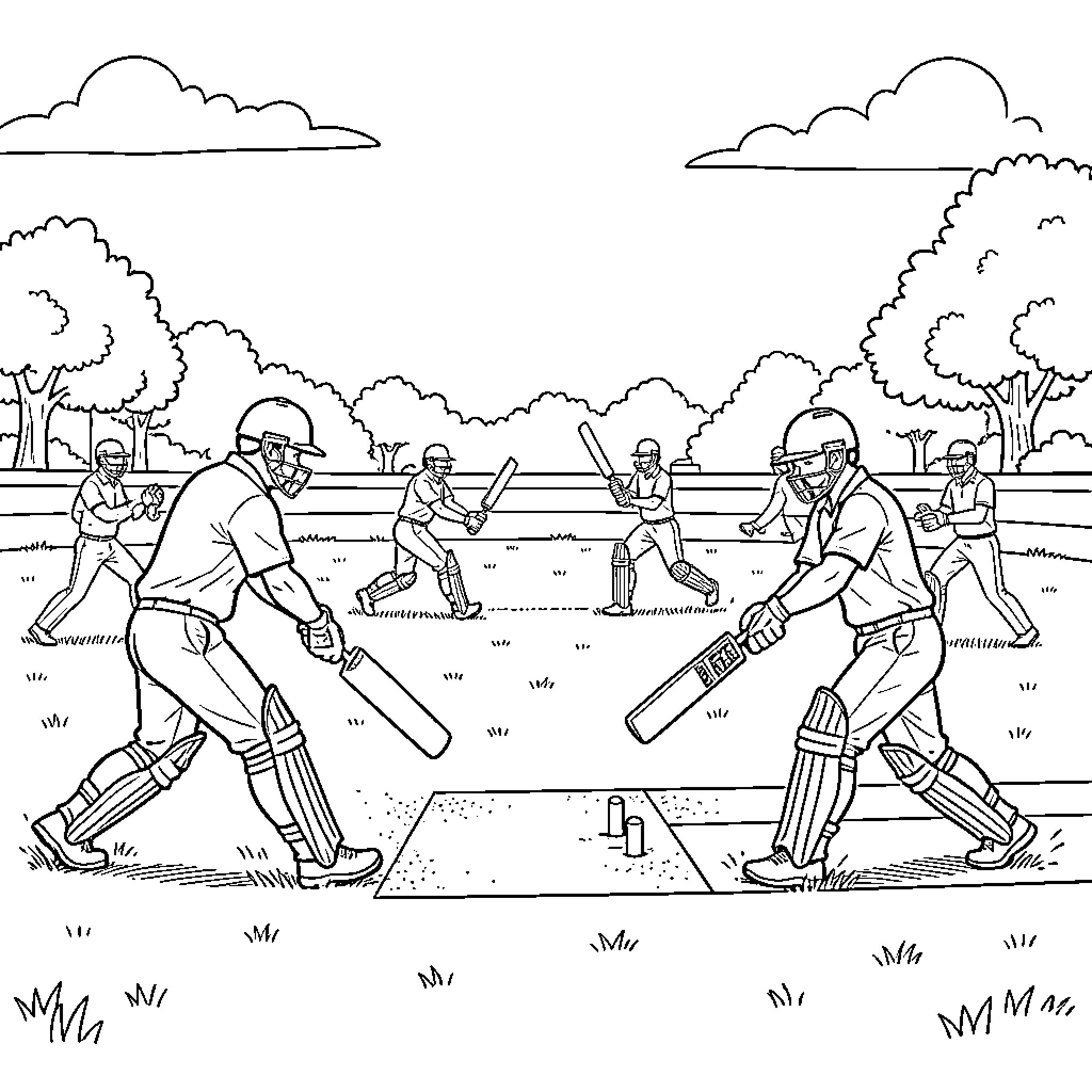 Cricket players engaged in an active match on field Coloring Page (free black-and-white line drawing printable PDF for all, from beginners to advanced learners, including children, teens, adults, and seniors)