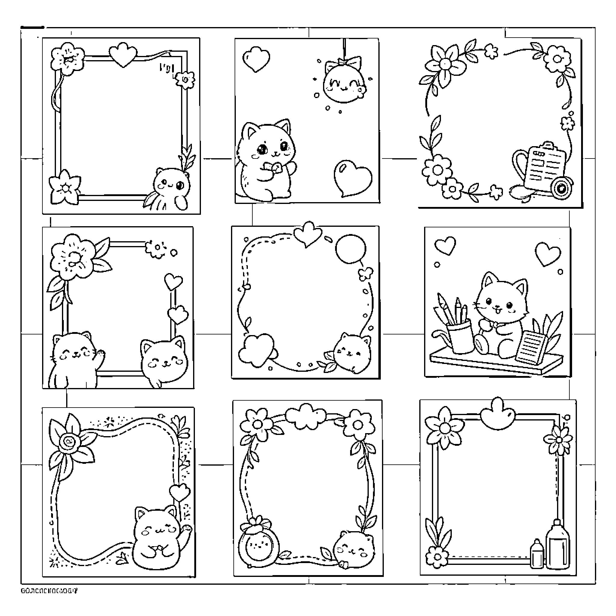 Sticky Notes featuring cute kittens and floral frames Coloring Page (free black-and-white line drawing printable PDF for all, from beginners to advanced learners, including children, teens, adults, and seniors)