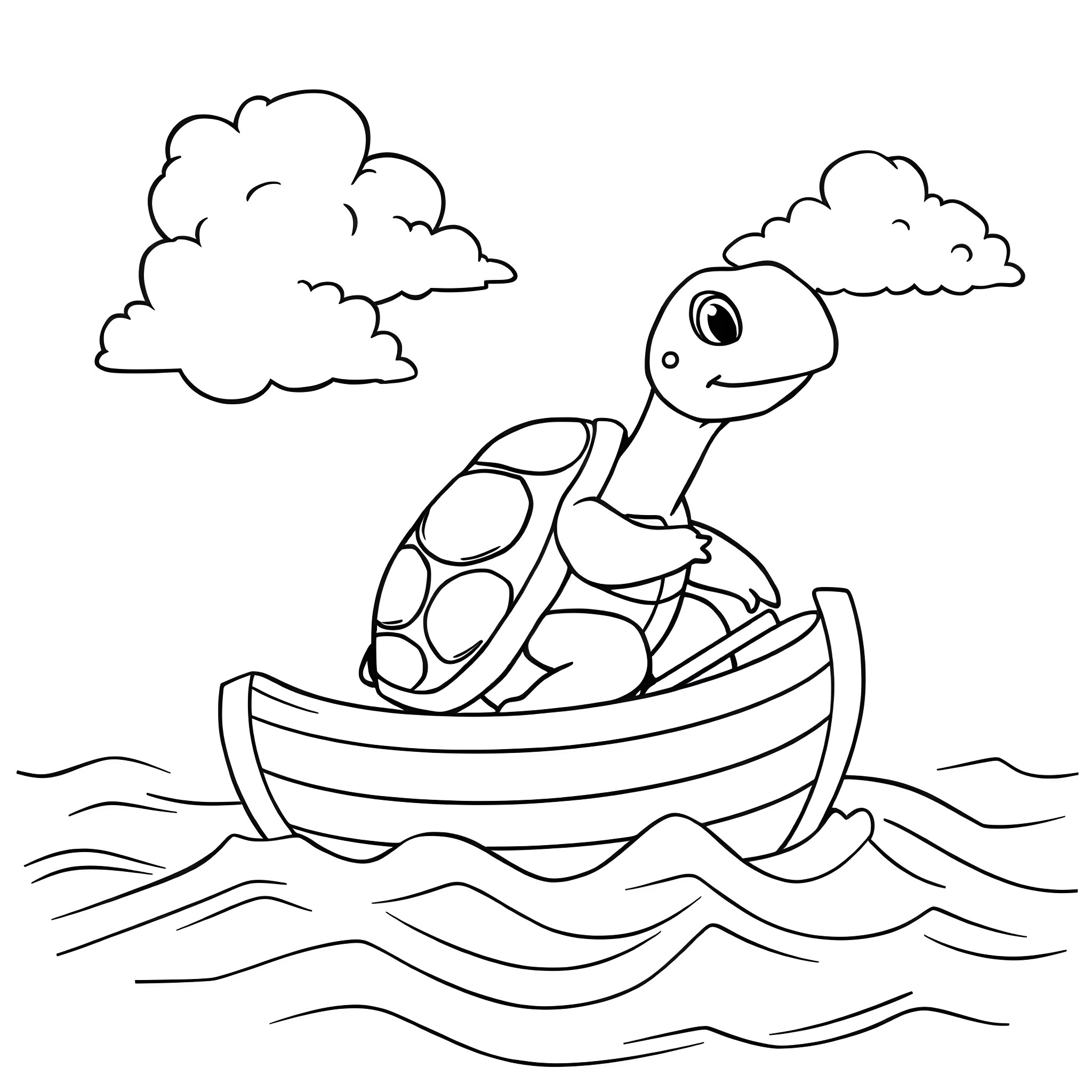 Turtle Sailing Happily in a Boat Coloring Page (free black-and-white line drawing printable PDF for all, from beginners to advanced learners, including children, teens, adults, and seniors)