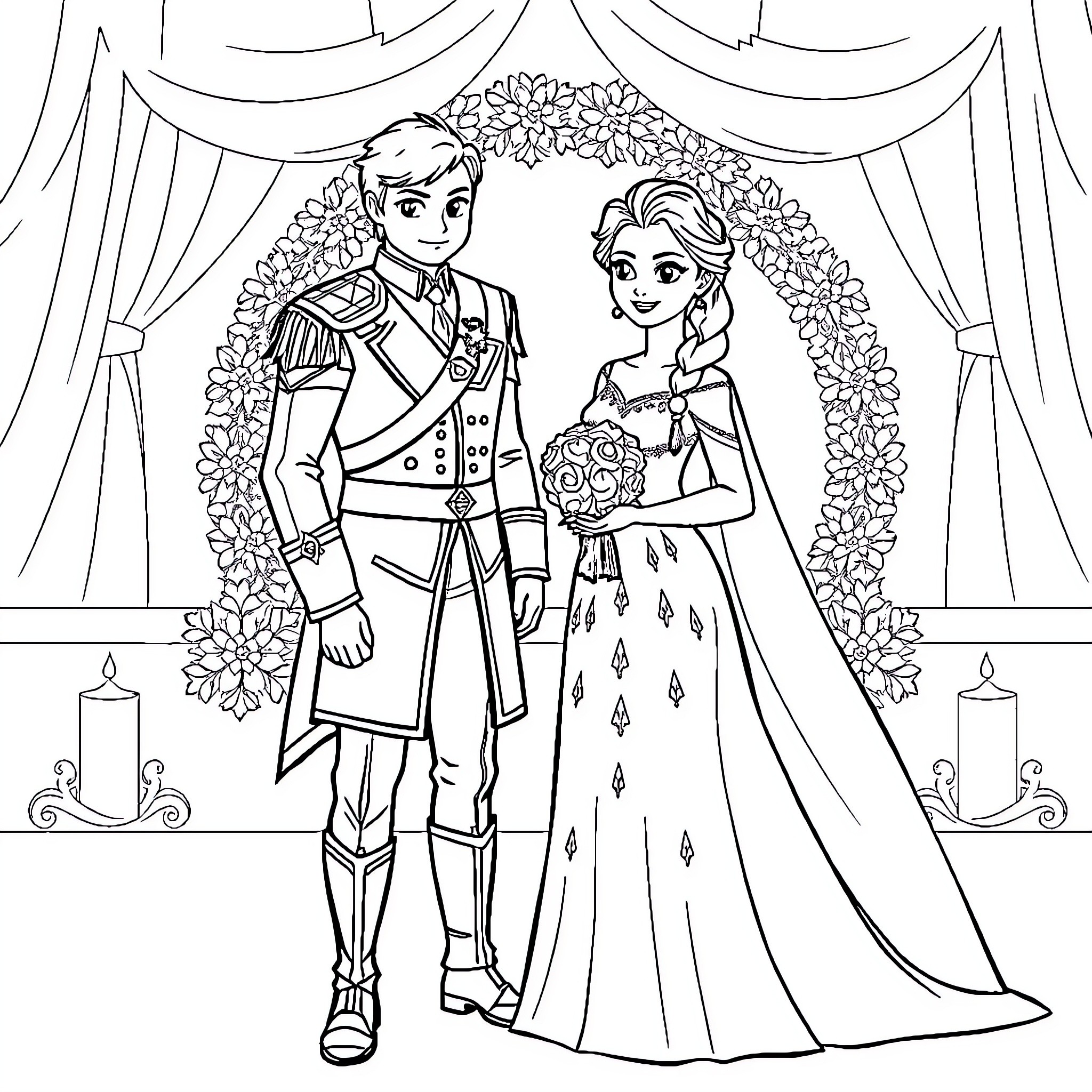 Elsa's Enchanted Wedding Celebration Coloring Page (free black-and-white line drawing printable PDF for all, from beginners to advanced learners, including children, teens, adults, and seniors)